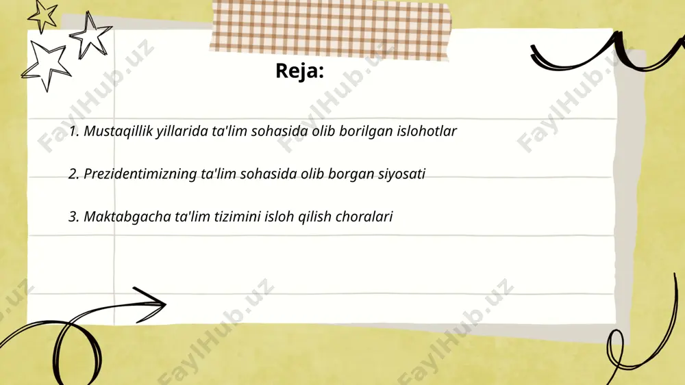 shirilmoqda. 2023-yil ma'lumotlariga ko'ra, respublikada umumiy ta'lim qamrovi 98% ga yetdi. ... t.me/slaydai_bot maktabgacha ta'lim tizimini isloh qilish choralari doirasida o'zbekistonda bir qator o'zgarishlar amalga oshirilmoqda. 2021-yilda maktabgacha ta'lim bilan qamrab olish darajasi 65% ga etdi. 2023-yilga kelib, bu ko'rsatkichni 75% ga oshirish maqsad qilingan. ta'lim sifatini yaxshilash uchun 2 500 dan ortiq yangi maktabgacha ta'lim muassasalari qurilishi rejalashtirilgan. ushbu islohotlar uchun byudjetdan 1,2 trillion so'm ajratilgan. pedagoglar malakasini oshirish maqsadida o'quv seminarlari o'tkazilib, 30 000 nafardan ortiq pedagog qayta tayyorgarlikdan o'tkaziladi. innovatsion ta'lim dasturlari va materiallari tatbiq etilmoqda, shu jumladan, raqamli ta'lim platformalaridan foydalanish joriy etilmoqda. mazkur o'zgarishlar maktabgacha yoshdagi bolalarning intellektual va tafakkur salohiyatini rivojlantirishga qaratilgan. ... t.me/slaydai_bot 4. umumiy o'rta ta'limni rivojlantirish dasturlari 4. umumiy o'rta ta'limni rivojlantirish dasturlari doirasida quyidagi ma'lumotlarni keltirish mumkin: 2022-2030 yillarga mo'ljallangan ta'lim strategiyasiga ko'ra, davlat byudjetidan ta'limga ajratiladigan mablag'lar yiliga 7-10% oshirilishi rejalashtirilgan. 2023-yilda 500 dan ortiq yangi maktablar qurilishi va …