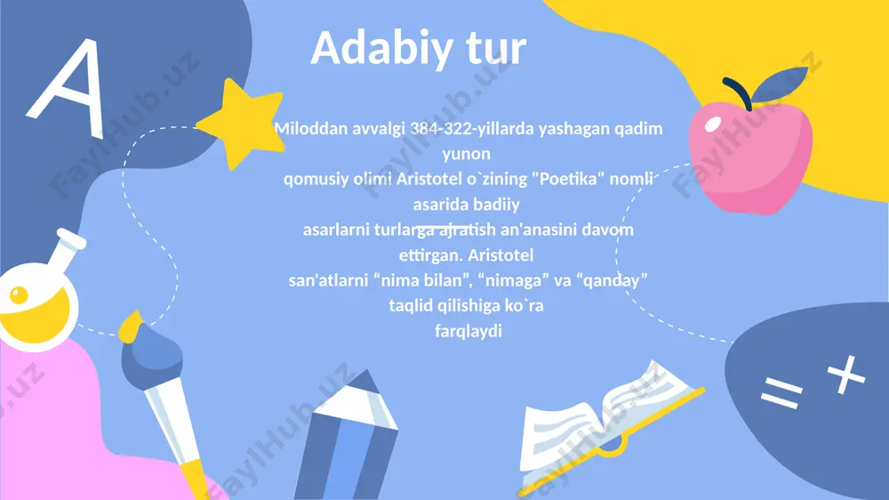 janr” fransuzcha “genre” so‘z bo‘lib, “tur”, “jins” degan ma’­noni anglatad konkret asarning adabiy turga mansubligi asosiy estetik belgisi kompozitsion xususiyatlari, tasvir ko‘lam badiiy nutq shakli va tabiati kabilar umumiy belgilar 1 asosiy estetik belgisiga ko‘ra dramatik janrlar (komediya, tragediya, drama), hayotni qamrab olish ko‘lamiga ko‘ra epik janrlar (hikoya, qissa, roman) bir-biridan yaqqol farqlanadi 2 tragediyaning asosiy estetik belgisi tragiklik bo‘lsa, bu janrga mansub etilishi uchun asarda yana tragik holat, tragik konflikt va tragik qahramon bo‘lishi ham taqozo etiladi. 3 koya, asosan, qahramon hayotidagi bitta voqeani qalamga oladi, bu – janrning asosiy belgisi. lekin bitta voqea qissa, hatto romanga ham material berishi mumkin. misollar c roman janri romanga ta’rif berilganda, odatda, uning hajman kattaligi, hayotni keng ko‘lamda tasvirlashi, qahramon hayotidan katta davrni olib, turli ijtimoiy munosabatlar bilan bog‘lab talqin qilishi, ko‘plab va turfa kishilar taqdirlari orqali jamiyatning joriy holatini aks ettira olishi; murakkab ko‘p chiziqli syujetga ega bo‘lishi kabi janr xususiyatlari …