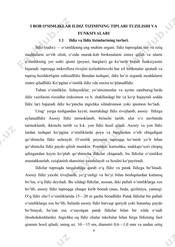 20 m gacha boradildiz patak ildizlar bir pallali oʻsimliklarga xos boʻlib, bularda asosiy ildiz barvaqt quriydi yoki butunlay paydo boʻlmaydi, baʼzan esa oʻsayotgan patak ildizlar bilan bir xilda oʻsadi (boshokdoshlarda). ingichka oq ildiz chalar tukchalar bilan birga ildizning faol qismini hosil qiladi; uning uz. 10—15 sm, diametri 0,6—1,0 mm va undan ortiq boʻladildiz dagʻallashgan, rangi qoʻngʻirlashgan ildizlar asosiy ildiz bilan birga ildiz tarmogʻining oʻtkazuvchi qismini tashkil etadildiz faol qismdagi ildiz chalar uchi ildiz gʻilofi bilan qoplangan, gʻilof ildizni tuproq orasiga oʻsib kirishda zararlanishdan saqlaydi. gʻilof ostida hujayralarning boʻlinish — choʻzilish (oʻsish) zonasi joylashgan, uning hujayralari juda tez oʻsish xususiyatiga ega. bundan key-in differensiallanish, yaʼni ildiz tukchalari zonasi (ildizchaning asosiy qis-mi) keladi; suv va unda erigan oziq moddalar shu zonada soʻriladildiz mac, gʻoʻzada tashqi muhit sharoitiga qarab asosiy (bosh) ildiz yerga 2 m va undan ham chuqur oʻsib kiradi; chuqurga kirgan sari u ingichkalashib (yuqorida 1,5—2 sm dan pastki qatlamlarda 1—2 …