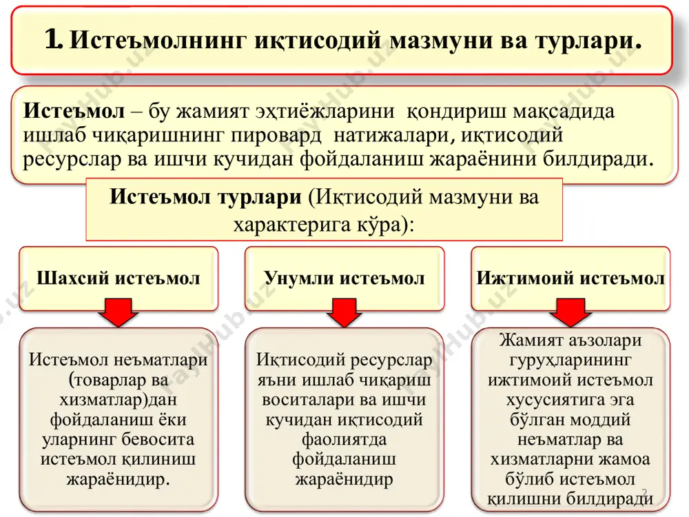 аш; • келажакда вужудга келиши мумкин бўлган турли-туман эҳтиёжларни қондириш. жамғармани амалга оширишдан кўзланган мақсадлар: 2. жамғарманинг моҳияти ва мақсади. жамғарма – бу уй хужаликлари ихтиёридаги жорий даромадлари бир кисмининг фоизли даромад олиш ва келажакдаги истеъмолини кондириш максадида тўпланиб (жамғарилиб) боришидир 4 маърузачи: з. аллаберганов. • шахсий даромад • уй хўжаликлари жамғарган бойлик • нархлар даражаси • нархлар, даромадлар ва товарлар таклифи ўзгариши кутилиши • истеъмолчи қарзлари миқдори • солиқлар даражаси истеъмол ва жамғарма даражасини белгилаб берувчи омиллар 3. истеъмол ва жамғарманинг омиллари ҳамда кўрсаткичлари 5маърузачи: з. аллаберганов. истеъмолга ўртача мойиллик (иўм) – шахсий даромаднинг истеъмолга кетадиган улуши. унинг фоиздаги ифодаси истеъмол нормасини (с’) кўрсатади. •(иўм) = 100 д с c ёки ) (дд даромад шахсий (c) = истеъмол истеъмол ва жамғарма бўйича аниқланадиган кўрсаткичлар 6 жамғармага ўртача мойиллик (жўм) – шахсий даромаднинг жамғармага кетадиган улуши. унинг фоиздаги ифодаси жамғарма нормаси (s’ ) дейилади. •жўм= истеъмол ва жамғарма бўйича аниқланадиган …