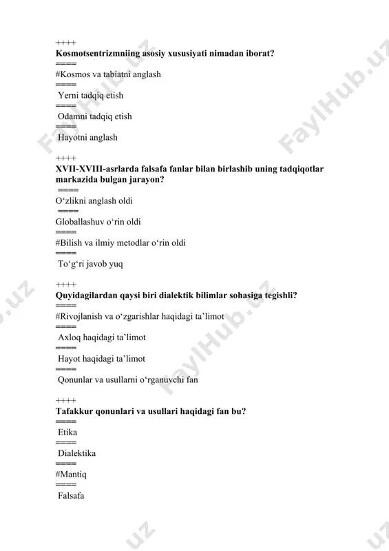 nubiy amerika va afrikada ==== lotin amerikasi, afrika, va osiyoda ==== yevropa, osiyo va janubiy amerikada ++++ amerikalik sotsiolog t.parsons ishlab chiqqan dinnning vazifasi qanday nomlanadi? ==== kommunikativ vazifasi ==== integratorlik vazifasi ==== regulyatorlik vazifasi ==== #legitimlovchilik vazifasi ++++ yakkaxudolik dinlari to’g’ri ko’rsatilgan javobni aniqlang? ==== islom, xristianlik va sintoizm ==== #yahudiylik, islom va xristianlik ==== buddaviylik, islom va hinduiylik ==== xristianlik, yahudiylik va konfutsiychilik ++++ «veda» so’zining lug’aviy ma`nosi nima? ==== #sanskrit tilidan olingan bo’lib, «bashorat» ==== hindu tilidan olingan bo’lib, «bashorat» ==== yahudiy tilidan olingan bo’lib, «qonunlar» ==== lotin tilidan olingan bo’lib, «xabarlar» ++++ zardusht o‘z ta’limoli bilan kishilarni nimalarga da’vat etgan? ==== tabiat kuchlarini ilohiylashtirish va ularga qurbonliklar qilish ==== #tinch-totuv yashash va halol mehnat bilan kun kechirishga ==== chorvachilikni rivojlantirish va ko‘chmanchi hayot tarzini shakllantirishga ==== xudolarga ko‘plab qurbonliklar qilish va talonchilik urushlari orqali xalqni boyitishga ++++ zardushtiylikda axloqning asosini tashkil etgan fikrni aniqlang? ==== olov, …