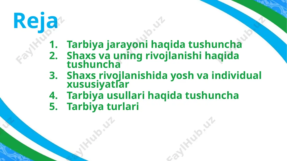 chun ruhiy jihatdan rivojlanishi, o‘zini yaxlit inson sifatida his etishi, o‘z xususiyatlari va sifatlari bilan boshqalardan farq qilmog’i kerak; shokirov ismoiljon shokirov ismoiljon this presentation uses a free template provided by fppt;com www;free-power-point-templates;com individ go’dak bola o’smir o’spirin katta odam shaxs go’daklik davri — chaqaloqlik (1 oy) davri tugagandan to bir yoshgacha bo‘lgan davr; bog‘chagacha bo’lgan yosh davri — 1 yoshdan 3 yoshgacha; maktabgacha bo’lgan yosh davri — 3 yoshdan 7 yoshgacha; kichik maktab yoshidagi o‘quvchilar ( bolalar)—7 yoshdan 11,12 yoshgacha; o’rta maktab yoshidagi o‘quvchilar (o'smirlar) — 14—15 yosh; katta yoshdagi maktab o‘quvchilari (o‘spirinlar) — 16—18 yosh; shokirov ismoiljon tarbiyaning umumiy usullari ijtimoiy ongni shakllantirish usuli; ijtimoiy axloqni shakllantirish usuli; rag’batlantirish usuli; o’z-o’zini tarbiyalash; shokirov ismoiljon this presentation uses a free template provided by fppt;com www;free-power-point-templates;com tarbiya jarayonining tamoyillari quyidagilar: - tarbiyaning bir maqsadga qaratilganligi; -tarbiyaning hayot, mehnat bilan o’zbekistonimizning mustaqilligi, gullab-yashnashi yo’lida qilinayotgan fidoyi ishlar bilan bog’lanishi; -shaxsni jamoada, …