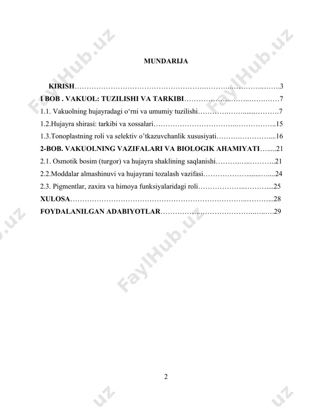 ikni ta’minlashdagi funksiyalari iqlim o‘zgarishlari, tuproqning sho‘rlanishi, ekologik muammolar fonida yanada ahamiyat kasb etmoqda. bugungi kunda global miqyosda o‘simliklarning hosildorligini oshirish, ularni turli biologik va kimyoviy omillardan himoya qilish dolzarb masalaga aylangan. shu ma’noda vakuollarni chuqur o‘rganish, genetik modifikatsiyalash orqali ularning funksiyalarini optimallashtirish, qishloq xo‘jaligi mahsulotlari sifatini oshirishda muhim ilmiy asos bo‘lib xizmat qiladi. shuningdek, vakuollar hayvon hujayralarida ham muhim funksiyalarni bajarishi, jumladan hazm qilish, zaxiralash, detoksikatsiya jarayonlarida ishtirok etishi, uni faqat o‘simlik fiziologiyasi emas, balki umumiy hujayra biologiyasi kontekstida ham o‘rganishni talab etadi. bularning barchasi ushbu mavzuni nafaqat nazariy, balki amaliy nuqtai nazardan ham nihoyatda dolzarb qiladi. kurs ishining maqsadi va vazifalari. ushbu kurs ishining asosiy maqsadi — o‘simlik hujayrasidagi vakuolning tuzilishi, kimyoviy tarkibi, funksional xususiyatlari hamda biologik ahamiyatini chuqur tahlil qilish orqali, uning hujayra hayotidagi o‘rnini ilmiy jihatdan asoslab berishdan iborat. shuningdek, vakuolning turli fiziologik jarayonlardagi, xususan osmotik bosimni tartibga solish, modda almashinuvini nazorat qilish, pigmentlar va zaharli …