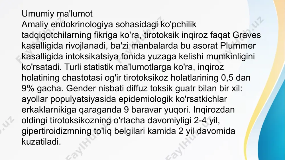 rlik, kulish), giperaktiv va xulq-atvorga e'tibor qaratishmaydi. psixozning mumkin bo'lgan rivojlanishi. inqirozning rivojlanishi bilan bu holat letargiya, apatiya, hissiy xiralik va mushaklarning haddan tashqari zaifligi bilan almashtiriladi. miyopatiyaning tirotoksik shakli bo'yin, skapula mintaqasi, qo'l va oyoq mushaklari, kamroq tez-tez yuz va torso mushaklarining tonusining pasayishi va tez charchashi bilan namoyon bo'ladi. og'riq, beixtiyor siqilish, konvulsiyalar, gipokalemik paroksismal falaj (paroksismal og'ir mushaklar kuchsizligi) kuzatilishi mumkin. oshqozon-ichak traktining buzilishi belgilari orasida ko'ngil aynishi, qusish, ishtahaning pasayishi, qorin kramplari, tez-tez ichak harakatlari, diareya va natijada vazn yo'qotish kiradi. buyraklarning ishi buziladi, chiqarilgan siydik hajmi butunlay yo'qolguncha kamayadi (anuriya). bemorlarning yarmida yurak-qon tomir kasalliklari rivojlanadi: taxikardiya, aritmiya. yurak urishi tezlashadi, qon bosimi ko'tariladi, nafas qisilishi paydo bo'ladi va nafas olish qiyinlashadi. 60 yoshdan oshgan odamlarda tirotoksik inqirozning atipik shaklini rivojlanish ehtimoli ortadi. bu tananing har qanday tizimining patologiyasi belgilarining yashirin kursi yoki ustunligi bilan tavsiflanadi, bu tashxisni sezilarli darajada murakkablashtiradi. inqirozning yashirin versiyasi bilan …