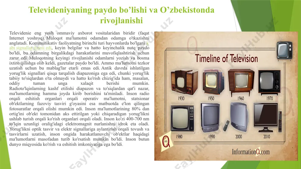 dagi bir guruh olimlar birinchi marta eksperimental televizion qurilmada harakatlanayotgan toshkent tramvayini namoyish qildilar . shunday qilib, harakatlanuvchi ob'ektning birinchi telefoto tasviri aynan toshkentda olindi. bu kun zamonaviy televideniening tug'ilgan kuni hisoblanadi. 1956-yilda oʻzbekistonda birinchi sssr oʻsha yili tashkil etilgan toshkent telestudiyasi tomonidan ishga tushirildi . 3 ilk teledasturlar 1964 yilda "vostok" dasturining retranslyatsiyasi boshlandi (ural, qozog'iston ssr, o'rta osiyo uchun markaziy televideniening 1-dasturining ikki barobari), o'sha paytdan boshlab 1982 yilgacha uchta dasturda televizion ko'rsatuvlar olib borildi - birinchi va ikkinchisi “vostok ” koʻrsatuvi va toshkent telestudiyasining shaxsiy koʻrsatuvlari, 3-koʻrsatuv faqat toshkent telestudiyasi koʻrsatuvlaridan iborat boʻlgan. shu yili xorazm va nukus telestudiyalari tashkil etildi, 1-dastur boʻyicha qayta eshittirish.“vostok” ko‘rsatuvi , 2-dastur bo‘yicha toshkent telestudiyasining ko‘chirilishi va o‘z ko‘rsatuvlarini tayyorlovchi. 1982 yildan beri "orbita 4" dasturi ( markaziy televideniyening urals, qozog'iston ssr va o'rta osiyo uchun i dasturining dubloni ) i dasturi bo'yicha "double 4" ( ii dasturining dubloni) bo'yicha qayta …
