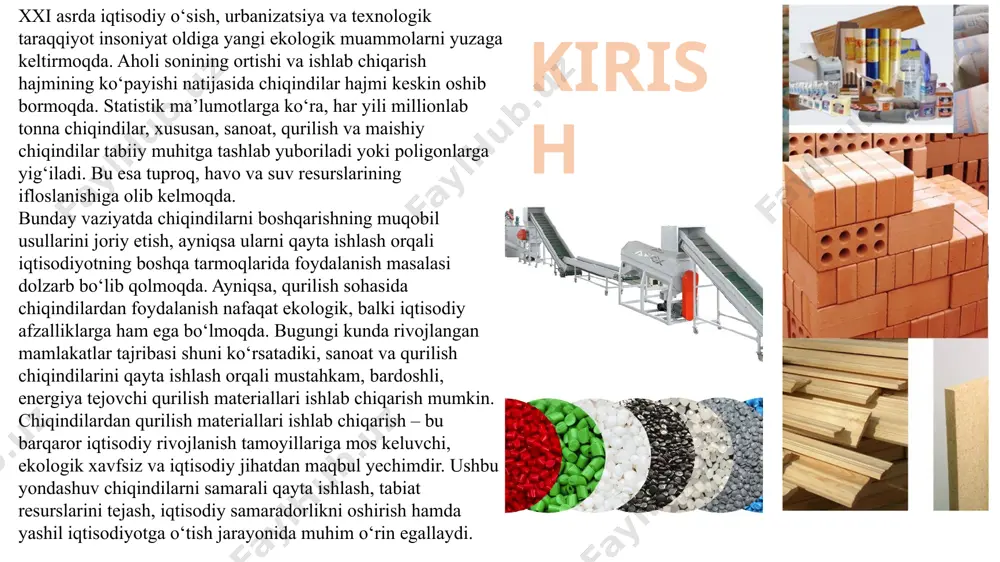 tga salbiy ta’sirini kamaytirishning istiqbolli yo‘nalishi hisoblanadi. shu bilan birga, chiqindilarni ishlatish tabiiy xom ashyoga qaraganda 2-3 baravar arzon ekanligi ma’lum. qurilish materiallari bozorida eng kam va energiya talab qiladigan beton komponenti sement hisoblanadi. yetakchi ilmiy-tadqiqot institutlari va boshqa tashkilotlarning uzoq muddatli nazariy va eksperimental tadqiqotlari ieslardan chiqadigan kul va shlak chiqindilarini beton va temir-beton ishlab chiqarishga joriy etishning yuqori samaradorligini isbotladi. masalan, kvars qumi o‘rniga issiqlik elektr stansiyalarida paydo bo‘ladigan kul va shlak chiqindilaridan foydalanish hamda uning zichligini 40-80 kg / m3 ga va 1m3 beton uchun sement sarfini 15-50 kg ga kamaytirishi mumkin. bu betonning korroziyaga chidamliligini va issiqlik ko‘rsatkichlarini oshiradi. paydo bo‘ladigan kuldan foydalanish sementda maksimal tejamkorlikni beradi (agregatlarning turiga, sifatiga va konstruksiyalar turiga qarab 10-25%). mazkur yillar mobaynida respublikmizning barcha hududlarida,qurilish materiallari sanoatida iqtisodiy rivojlanishni yanada samarali olib borish maqsadida keng qamrovli ishlar olib borilib, muayyan natijalarga erishib kelinmoqda. ikkilamchi resurslardan xomashyo bazasi sifatida foydalanish ham …
