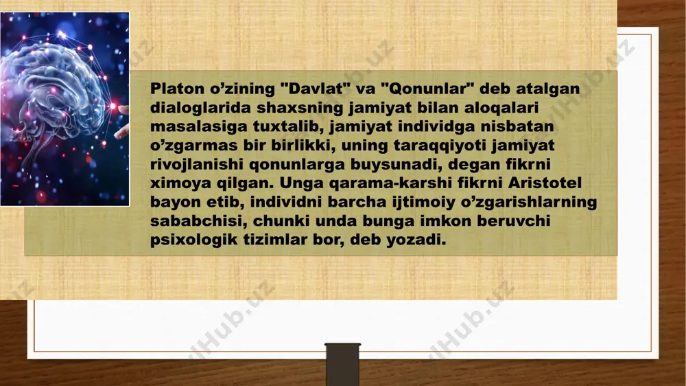 " davlat " va " qonunlar " deb atalgan dialoglarida shaxsning jamiyat bilan aloqalari masalasiga tuxtalib , jamiyat individga nisbatan o’zgarmas bir birlikki , uning taraqqiyoti jamiyat rivojlanishi qonunlarga buysunadi , degan fikrni ximoya qilgan . unga qarama-karshi fikrni aristotel bayon etib , individni barcha ijtimoiy o’zgarishlarning sababchisi , chunki unda bunga imkon beruvchi psixologik tizimlar bor , deb yozadi . xix asrning o’rtalariga kelib , kapitalistik munosabatlarning keskinlashuvi , turli davlatlar bilan iqtisodiy aloqalarning tobora usib borishi , turli halqlarning bir mamlakatida ikkinchisiga kuchishi-migratsiya munosabati bilan qator ijtimoiy fanlar rivojlanishi uchun qo’lay shart - sharoitlar paydo bo’ldi . ayniqsa , tilshunoslik , antropologiya , etnografiya , arxiologiya , huquqshunoslik va boshqa fanlar shakllanib , rivojlandi . xix asrning o’rtalariga kelib , kapitalistik munosabatlarning keskinlashuvi , turli davlatlar bilan iqtisodiy aloqalarning tobora usib borishi , turli halqlarning bir mamlakatida ikkinchisiga kuchishi-migratsiya munosabati bilan qator ijtimoiy fanlar rivojlanishi uchun qo’lay shart …