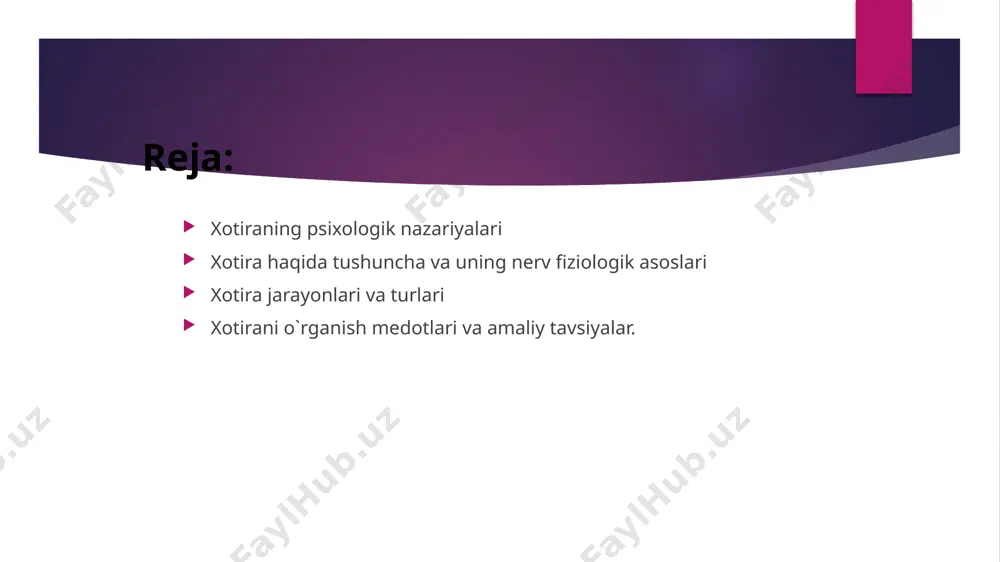 bo‘lib xviii-xix asrlarda angliya va germaniyada ishlab chiqilgan assotsiativ nazariya hisoblanadi. ushbu nazariya asosida v osnove dannoy teorii lejit ponyatie assotsiatsiya – g. ebbingauz, g. myuller, a. pilseker va boshqalar tomonidan ishlab chiqilgan psixikaning alohida noyob hodisalari o‘rtasidagi aloqa tushunchasi yotadi. bu nazariyaga asosan xotira o‘xshashligi, vaqt va fazoviy yaqinligi bo‘yicha barqaror bo‘lgan qisqa va uzoq muddatli assotsiatsiyalarning murakkab tizimi sifatida tushuniladi. ushbu nazariyaga binoan, ko‘plab qonunlar, xususan, g. ebbingauzning unutish qonuni kashf etilgan. dastlabki soat davomida qabul qilingan ma’lumotning 60% gacha bo‘lgan qismi unutiladi, olti kundan so‘ng esa birinchi marta yodlab olingan matnning 20% dan kamroq qismi saqlanib qoladi. xotira inson hayoti va faoliyatining barcha sohalarda qatnashishi tufayli uning namoyon bo‘lish shakllari ham nihoyat darajada har xildir. xotiraning har xil turlari uch xil mezon asosida turlarga bo‘linadi (birlashtiriladi). ko‘proq faoliyatda ko‘rinadigan psixik aktivlik harakateriga ko‘ra xotiraning harakat, emotsional (hissiy), obrazli va so‘z-mantiqiy turlari farqlanadi. faoliyat maqsadi xarakteriga ko‘ra xotira …
