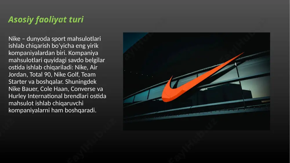 necha bor turli xil sport tadbirlarining homiysi sifatida ish olib bormoqda. nike o'z mahsulotlarini futbol sohasida muvaffaqiyatli qo'llab-quvvatlaydi, bu erda an'anaviy ravishda o'z raqobatchisini olib borgan. kompaniya muvaffaqiyatining katta qismi nike brendi tomonidan ishlab chiqarilgan ko'p millionli ixlosmandlar armiyasiga tushadi. foydalanilgan manbalar http://www.nike.com http://www.nike.news.uz http://www.uzbaboutnike.uz http://www.company.nike.com http://www.shoesnike.ru http://www.nikenews.com http://www.productsofnike.en e’tiboringiz uchun rahmat ! image2.png image3.png image4.png image5.png image6.png image7.png image8.png image9.png image10.png