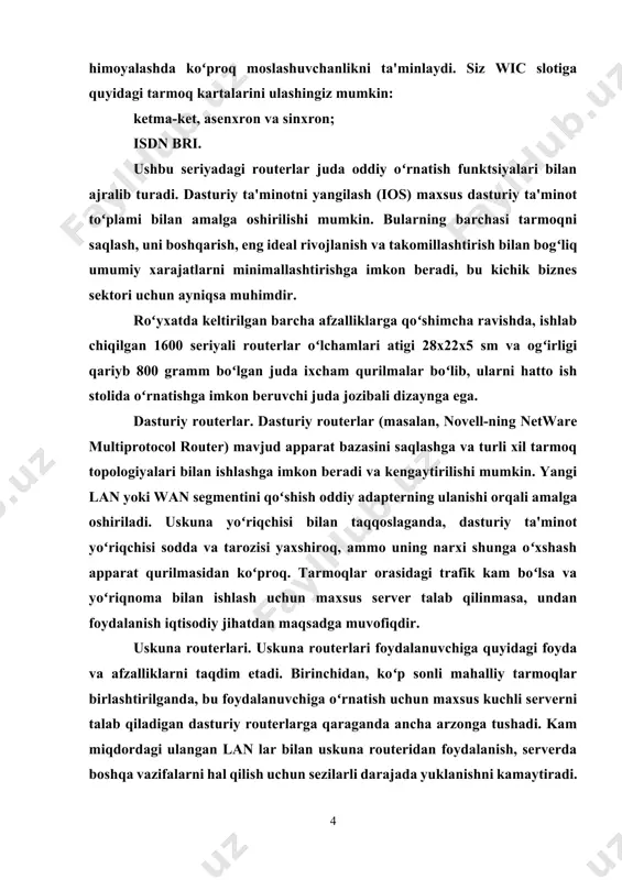 0 va 3640) dizayni boʻyicha modulli boʻlib, asosiy shassiga mos ravishda 2 yoki 4 ta tekshirgichni oʻrnatishga imkon beradi. model 3620 risc protsessori idt r4700 asosida 80 mhz takt chastotasi bilan ishlaydi va maksimal 64 mb tezkor xotiraga ega. model 3640 risc protsessori idt r4700 asosida 100 mhz takt chastotasi bilan qurilgan va maksimal ram miqdori 128 mb ni tashkil qiladi. bunday parametrlar ushbu seriyali marshrutizatorlarning maksimal darajada konfiguratsiyasida ham muvaffaqiyatli ishlashiga imkon beradi. ios tasvirini saqlash uchun maksimal xotira hajmi 32 mb ni tashkil etadi, bu sizga dasturiy ta'minotning bir nechta versiyasini saqlashga imkon beradi. cisco 3600 series korporativ intranetga ulanish yoki internetga ulanishni talab qiladigan uzoq ofis ishchilari sonining koʻpayib borayotgan ehtiyojlarini qondirish uchun ishlab chiqilgan. ushbu ketma-ket routerlar masofaviy foydalanuvchilarga har qanday tarmoq dasturidan samarali foydalanish va boshqa lan-dagi fayllar bilan ishlashga imkon beradi. bundan tashqari, cisco 3600 seriyasining modulligi mijozga qoʻshimcha modullar bilan tarmoqli kengligi va …