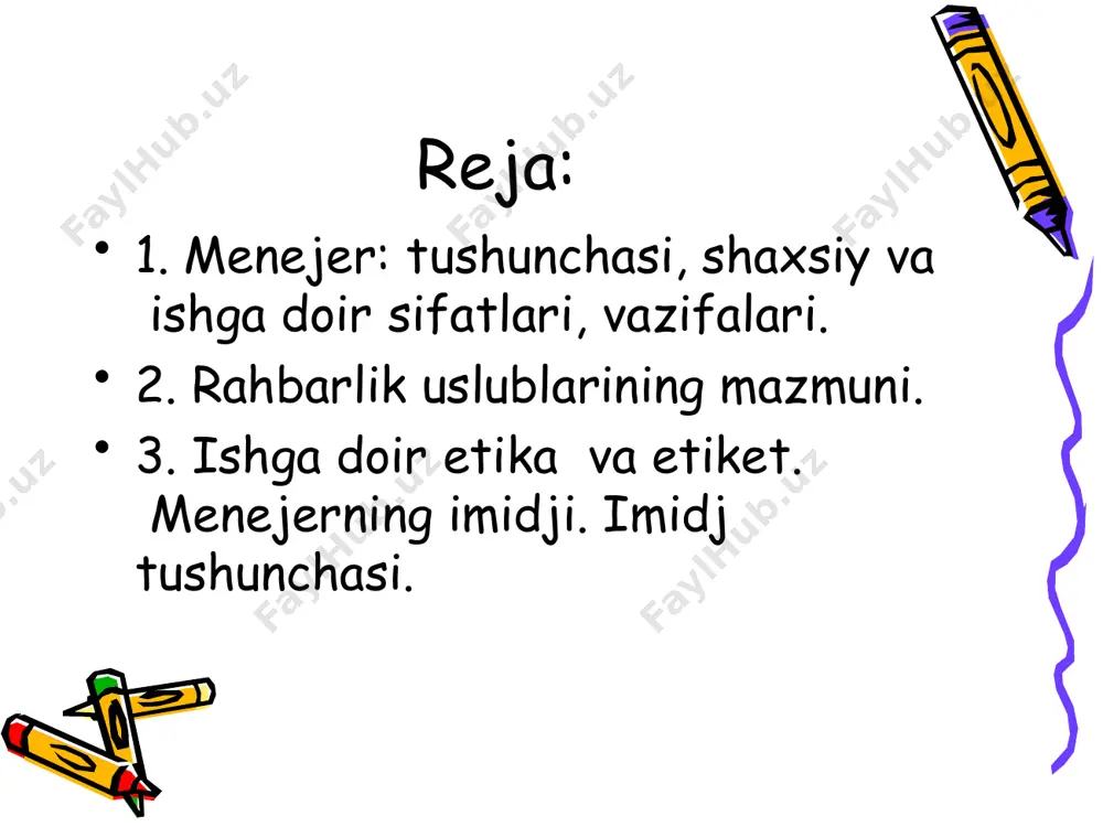 ka va etiket. menejerning imidji. imidj tushunchasi. • rahbarlik fazilatlari to‘g‘risidagi gippokrat fikrlari: “sangviniklar”, “flegmatiklar”, “xoleriklar”, “melanxoliklar”.rahbarga quyiladigan talablar. fazilat-bu ijobiy xislat, yaxshi sifat yoki xususiyatdir. kishilarda fazilatlarning turlicha bo‘lishi hamda har xil xulq- atvorlar insonning badanida aylanib yuradigan suyuq moddalarga ko‘p jihatdan bog‘liq ekanligi tajribada kuzatilgan. sangvinik singviniklar tuyg‘u (jo‘shqin) xususiyatlari bilan ajralib turadi. ular: yangi kishilar bilan tez til topishadigan; bir ish turidan ikkinchi ish turiga tezda ko‘niqadigan;bir turda bajariladigan ishlarni yoqtirmaidigan;yangi sharoitga osonlik bilan o‘rganadigan;xushchaqchaq;harakatlari shiddatli;nutqi tez;kelajakka ishonch bilan qaraydigan;so‘zini aniq va ma’noli qilib, imo ishoralar bilan gapradigan kishilardir. flegmatiklar chidamliligi, matonati, o‘zini tuta bilishi bilan ajralib turadi. gippokratning fikricha, agar kishi tanasida za’faron safro ustun tursa, bunday kishi tezkor, qa’tiy-harakatchan bo‘ladi. bu toifa kishilarni gippokrat xoleriklar (qoni qiziq kishilar) deb atagan. qadimgi yunonchada safroni “xoley” deyishgan. xolerik xoleriklar – ko‘tarinki ruhda ishlay oladigan, qarshiliklarni enga oladigan kishilar bo‘lib, ularning ishlash zavqi kayfiyatining bo‘zilishi bilanoq tez o‘zgarishi …