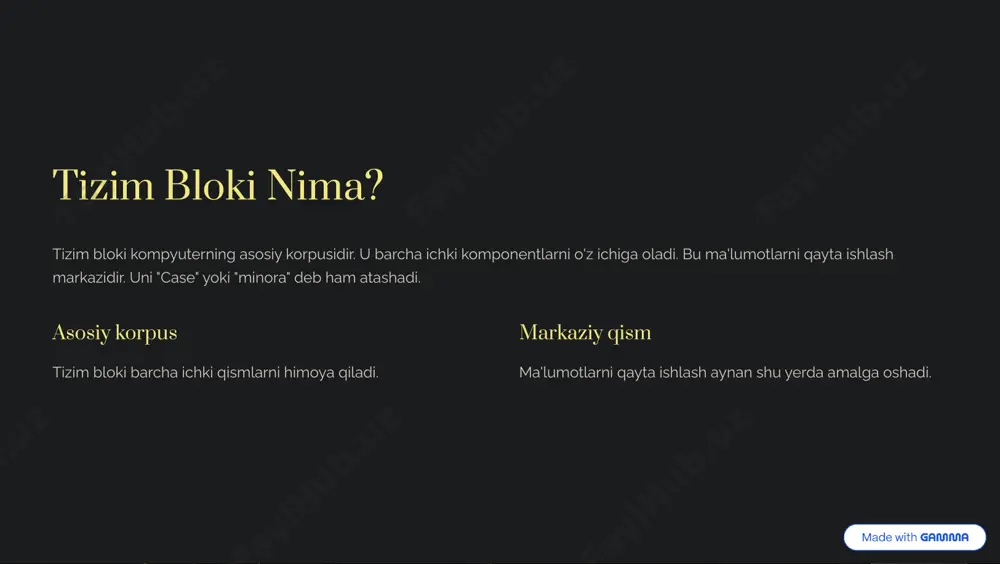 ğ««aä, jaìøāä«aä. hdd ¨aøøa �a¥³ (tb) øa¨«�� pøìa, ssd øpĩä¾ã �ì�«aì� (gb, nvmp) b�«aµ a¥äa«�b øāäaj�. m�ì¾« āc�āµ: 1tb nvmp ssd, 4tb hdd. hdd kaøøa �a¥³«aä aäĩ¾µä¾ã µaäĝ mpĝaµ�¨ ã�ì³«aä ssd tpĩ¨¾ä �ì�«aì� j�³ �ì�«ağj� mpĝaµ�¨ ã�ì³«aä ğ¾'ã nvme eµ� øpĩ¨¾ä ssd k¾³áa¨ø ¾'«c�a³ pcip ¾äãa«� ā«aµaj� https://gamma.app/?utm_source=made-with-gamma grafika kartasi (gpu) gäa��¨a ¨aäøaì� ė�ĩāa« ³a'«ā³¾ø«aäµ� ãağøa �ì�«ağj�. u ³¾µ�ø¾ä�a øaìė�ä«aäµ� āĩaøaj� (hdmi, d�ìá«ağp¾äø). o'ğ�µ«aä ėa ė�jp¾ øa�ä�ä«aì� āc�āµ ³ā��³j�ä. maìa«aµ, nvidia gpf¾äcp rtx 4070 ğ¾¨� amd rajp¾µ rx 7800 xt. vizual ma'lumot taìė�ä«aäµ� ėa �äa��¨aµ� ãağøa �ì�«aì�. monitorga uzatish taìė�ä«aäµ� p¨äaµja ¨¾'äìaø�ì�. o'yinlar uchun yāã¾ä� ì��aø«� �äa��¨aµ� øa'³�µ«ağj�. https://gamma.app/?utm_source=made-with-gamma quvvat bloki (psu) qāėėaø b«¾¨� ¨¾³áğāøpä ¨¾³á¾µpµø«aä��a p«p¨øä ãāėėaø� ğpø¨aĩaj�. u ¾'ĩ�aäāėc�aµ ø¾¨µ� (ac) j¾�³�ğ ø¾¨¨a (dc) ağ«aµø�äaj�. qāėėaø� waøø (vø) b�«aµ ¾'«c�aµaj� (550w, 750w, 1000w). 80 p«āì ìpäø���¨aø� ìa³aäaj¾ä«�¨µ� ¨¾'äìaøaj�. quvvat manbai k¾³áğāøpä�a p«p¨øä pµpä��ğaì� bpäaj�. tokni aylantirish ac jaµ dc �a ¾'ø¨aĩ�ì�. watt bilan o'lchanadi qāėėaø ìa³aäaj¾ä«���. https://gamma.app/?utm_source=made-with-gamma ulanish …