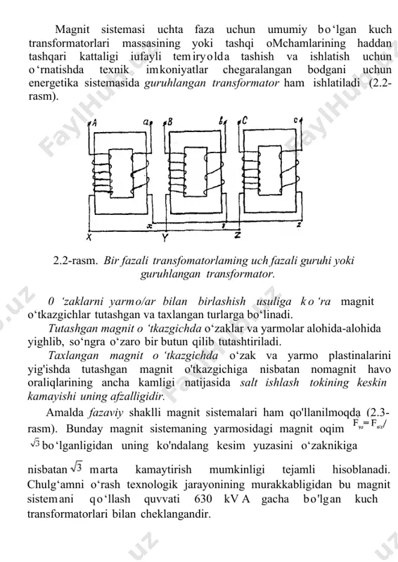 chda o‘zak va yarmo plastinalarini yig'ishda tutashgan magnit o'tkazgichiga nisbatan nomagnit havo oraliqlarining ancha kamligi natijasida salt ishlash tokining keskin kamayishi uning afzalligidir. amalda fazaviy shaklli magnit sistemalari ham qo'llanilmoqda (2.3- rasm). bunday magnit sistemaning yarmosidagi magnit oqim bo‘lganligidan uning ko'ndalang kesim yuzasini o‘zaknikiga nisbatan marta kamaytirish mumkinligi tejamli hisoblanadi. chulg‘amni o‘rash texnologik jarayonining murakkabligidan bu magnit sistemani qo‘llash quvvati 630 kv a gacha bo'lgan kuch transformatorlari bilan cheklangandir. 2.3-rasm. transformator (tm— 250/6) ning fazaviy shaklli magnit o ‘tkazgichi: 1 — sterjen, 2 va 6 — izolatsiyalovchi qistirmalar; 3 — uch fazali platrstina; 4 — yarmo; 5 — prujina; 7 — shpilka; 8 — izolat­ siyalovchi trubka; 9 —siquvchi kamar; 10 —asos tayanch. j image7.png image8.png image1.png image2.png image3.png image4.png image5.png image6.png