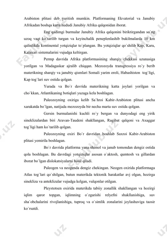 g`liklar materigidir. turli tektonik-litologik sharoitda relyefning rivojlanishi uni quyidagi morfologik struktura oblastlari ajratishga imkon beradi: i – atlas tog`lari; ii – platformali afrika oblastlari gruppasi: ii.1- sa`hroi kabir-sudan tekisliklari va platolari; ii.2- shimoliy gvineya qirlari; ii.3- kongo botig`i; ii.4- kalaxari botig`i; ii.5- madagaskar oroli; ii.6- kap tog`lari; iii - sharqiy afrika oblastlari: iii.1- xabashiston tog`ligi; iii.2- sharqiy afrika yassi tog`ligi. i – atlas tog`lari. eng baland joyi marokashdagi yuqori atlas bo`lib, jabal-tubkal tog`ining balandligi 4565 m. ii – platformali afrika oblastlari gruppasi. bu gruppaga afrika platformasining sharqidagi habashiston tog`ligi, somali yarim oroli va sharqiy afrika yassi tog`ligidan tashqari deyarli butun afrika platformasi kiradi. ii.1- sa`hroi kabir-sudan tekisliklari va platolari. bu oblastp platformaning shimolini egallovchi struktura va relyefi ji`atidan eng katta va murakkab oblastp. markazida axaggar va tibesti tog`liklarida so`ngan vulqonlar (emmi-kusi 3415 m), liviya sa`rosining shimolida dengiz sathidan -133 m past bo`lgan kattara cho`kmasi bor. sa`hroi kabirda nurash jarayoni natijasi …