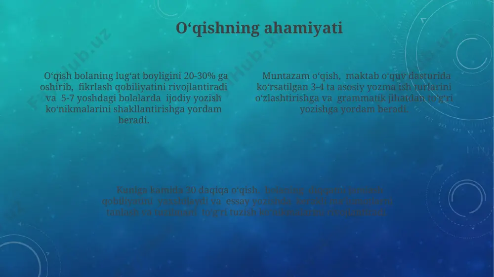 y qism (boshlanish, oʻrta va yakun) ni ajratib oʻrgatish, bolalarda mantiqiy ketma-ketlikni shakllantirish va toʻliq fikrni ifodalash koʻnikmalarini rivojlantiradi. boshlangʻich sinflarda 5w1h usuli yordamida fikrlashni rivojlantirish, bolalarning fikrlash jarayonini 6 bosqichga boʻlish orqali murakkab mavzularda ham gʻoyalarni shakllantirishga yordam beradi. reja tuzishning ahamiyati reja tuzish, 5 bosqichli yozuv jarayonini (rejalashtirish, qoralama, tahrirlash, korrektsiya va yakuniy ko'rinish) 2-3 baravar tezlashtiradi va mantiqiy izchillikni ta'minlaydi. rejasiz yozish, 10% dan kam hollarda kerakli natijaga olib keladi, chunki mantiqiy bog'lanishlar zaif bo'ladi va fikrlar tartibsiz bo'ladi, natijada yozuvning baholanishi past bo'ladi. samarali reja, 3-4 asosiy fikr atrofida qurilgan bo'lib, har bir fikr uchun 2-3 dalil va misol keltirishni osonlashtiradi, yozuvning sifatini oshiradi. e'tiboringiz uchun rahmat @taqdimot_robot image3.png