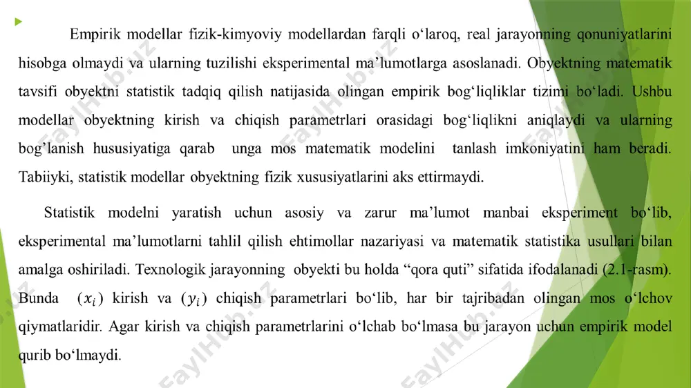 effitsienti ikki o‘zgaruvchi ( va ) orasidagi bog‘liqlikning qiymatini (zichligini) quyidagi formula bilan aniqlanadi aniqlaydi yoki bu erda va - , o‘zgaruvchilarning o‘rta arifmetik qiymatlari; - tajribalar soni; , – mos ravishda miqdorlarning o‘rtacha kvadratik chetlanishi: korrelyatsiya koeffitsienti chiziqli munosabatlarning bog‘liqlik darajasini tavsiflaydi. agar va tasodifiy o‘zgaruvchilar aniq chiziqli funksional bog‘liqlik bilan berilgan bo‘lsa, u holda . agar va miqdorlari stoxastik bog‘langan bo‘lsa, korrelyatsiya koeffitsienti -1 va 1 orasidagi qiymatni qabul qilishi mumkin agar bo‘lsa, berilgan parametrlar orasida korrelyatsiya mavjud emas. agar bo‘lsa, va o‘rtasida musbat korrelyatsiya mavjud ( ortib borganda, ortadi), agar bo‘lsa, korrelyatsiya manfiy bo‘ladi ( ortganda, kamayadi). ikki o‘zgaruvchi o‘rtasidagi korrelyatsiyaning mavjudligi yoki yo‘qligi korrelyatsiya maydoni shakli bo‘yicha baholanishi mumkin (2.2-rasm). 2.2-rasm. o‘zgaruvchining korrelyatsion maydonlari: a) va orasidagi kuchli musbat bog‘langan korrelyatsiya; b) sust korrelyatsiya; d) korrelyatsiya mavjud emas berilgan ikki turdagi miqdorlarning bog‘liqlik darajasini korrelyatsiya koeffitsienti bilan baholash korrelyatsion tahlil deyiladi. quyidagi masalani qaraylik. 2.1-masala. bizda …