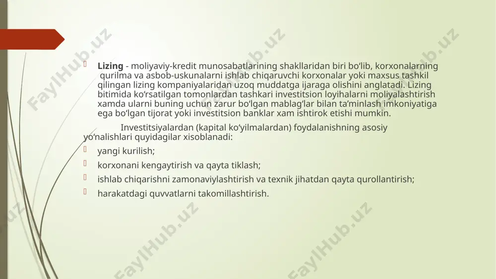 a ma’lum miqdorda harajat qilish kerak. samaradorlikni aniqlash uchun natijani shu natijaga erishishga sarflangan harajatlar yoki resurslar bilan taqqoslash kerak. samaradorlik, ishlab chiqarish faoliyati natijalari bilan ularga erishish uchun sarflangan mehnat, moddiy va moliyaviy resurslarning o‘zaro nisbatidir. korxona o‘zining xo‘jalik, ilmiy-texnik va investitsion siyosatini belgilashda samaradorlikdan kelib chiqadi. samaradorlikning iqtisodiy va ijtimoiy turlari mavjud. iqtisodiy samaradorlik ishlab chiqarishning iqtisodiy natijasini ko‘rsatadi. masalan, mahsulot ishlab chiqarish - boshqaruv, yangi texnika va texnologiyani joriy etish, mehnat sifatini oshirish va xokazolarning natijasi. iqtisodiy samara - material, mehnat, pul va boshqa resurslarni tejash tufayli erishilgan miqdor. ijtimoiy samaradorlik - ishlab chiqarish samaradorligining mehnat sharoitlarini, uning ijodkorlik mazmunini boyitish, aqliy va jismoniy mehnat o‘rtasidagi farqni yo‘kotishni ifodalaydi. xatarlar va ularning investitsion loyihadagi zarari. o‘zbekiston iqtisodiyotiga investitsiyalarni muvaffaqiyatli jalb etish ma’lum darajada uch guruh omillarga bog`liq buladi. birinchidan, investitsiya quvvatining mavjudligiga. uni tabiiy, mehnat zaxiralari, shuningdek ishlab chiqarish, itse’mol, moliyaviy, innovatsiya, insitutsional va infratuzilmaviy quvvatlar tashkil …