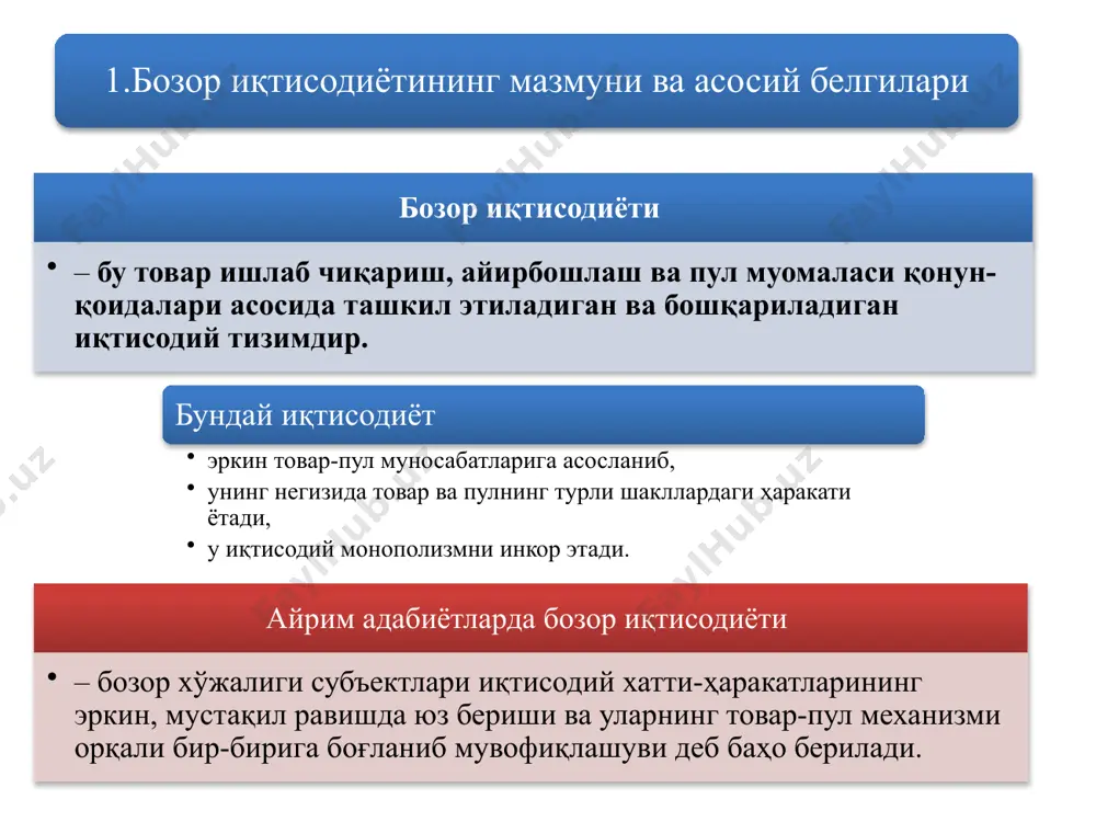 шининг мавжудлиги; 4 давлатнинг иқтисодиётга чекланган ҳолда аралашуви; 5 корхона ва фирмаларнинг ички ва ташқи шарт-шароитлар ўзгаришларига мослашувчанлиги. классик ёки соф бозор иқтисодиётининг асосий белгилари: 1 иқтисодий фаолият юритишнинг хусусий мулкчиликка асосланганлиги; 2 капитал ва ишлаб чиқаришнинг корхона миқёсида умумлашганлиги; 3 тадбиркорлар, ишчилар, товар ишлаб чиқарувчилар ва истеъмолчиларнинг шахсан эркинлиги; 4 тадбиркорларнинг юқори фойда олиш учун курашлари; 5 иқтисодиётнинг талаб ва таклиф, эркин бозор нархи ва рақобат курашлари асосида тартибланиши; 6 аҳолининг ижтимоий ҳимоя қилинмаслиги, ишсизликнинг ва аҳоли ижтимоий табақалашувининг кучайиши. ҳозирги замон ривожланган бозор иқтисодиётининг асосий белгилари: 1 иқтисодий ва тадбиркорлик фаолиятини юритишнинг турли мулкчилик шакллари, яъни хусусий, давлат, жамоа, аралаш ва бошқа мулк шаклларига асосланганлиги; 2 капитал ва ишлаб чиқаришнинг юқори даражада умумлашганлиги, мулкнинг бир қисми йирик монополиялар ва давлат қўлида тўпланиб, миллий ва халқаро миқёсда умумлашганлиги; 3 иқтисодиётни тартибга солишда давлатнинг фаол иштироки. 4 хўжаликларни юритишда режа усулидан фойдаланишнинг кучайиши (бизнес режаси, маркетинг тизими орқали бошқариш); 5 …