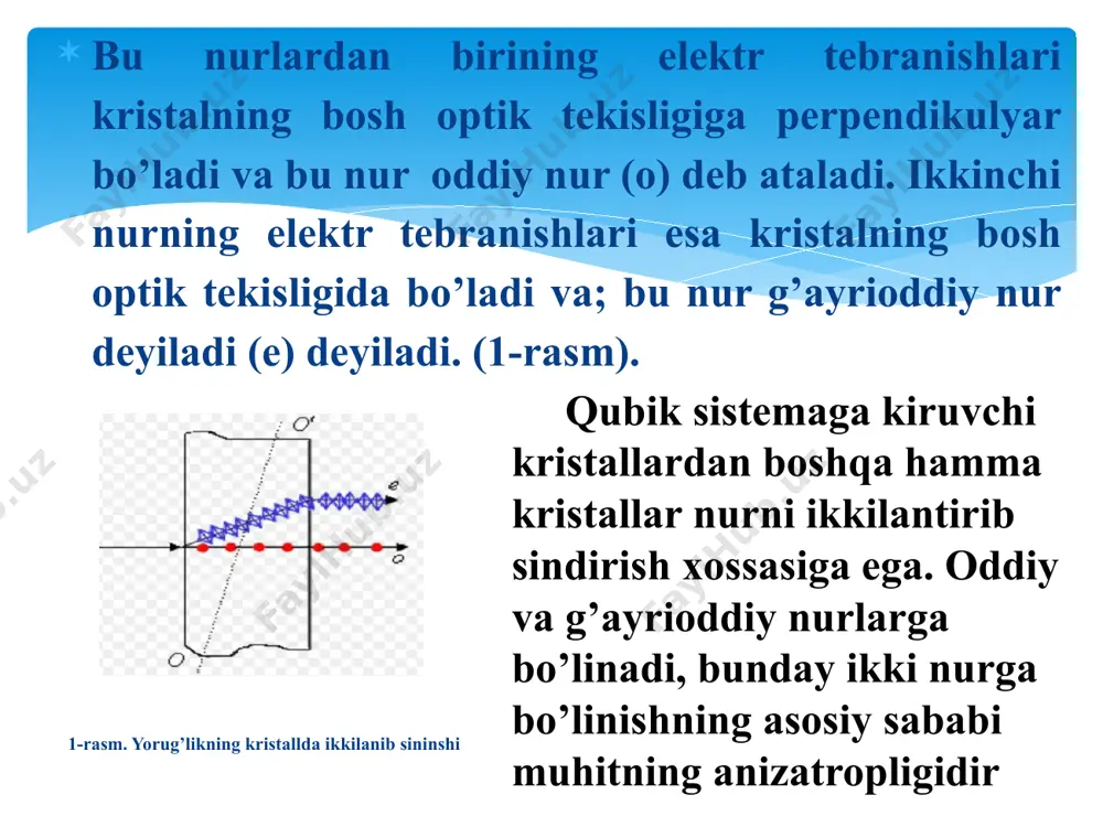 isa bu nurning ikkilanib sinishi, ya’ni kristalga tushgan yorug’likning sinishi natijasida ikkiga ajralishidir. kristall dielektriklar optik anizatrop bo’lishi kerak shunda ulardan yorug’lik o’tganida yorug’likning optik xossalari kristalning yo’nalishiga bog’liq bo’ladi buning natijasida yorug’likning ikkilanib sinishi deb nom olgan xodisa ro’y beradi. bu hodisa island shpati uchun 1670-yilda erazm bartolomin tomonidan kuzatilgan xulosa elektr maydonida yorug’likning ikkilanib sinishini kerr hodisasi yordamida tushuntirsa bo’ladi. bunda kerr hodisasini nazariy jihatdan bayon etish uchun ancha oddiy bo’lgan sharoitlarda dastlab qattiq jism va suyuqliklarda keyinchalik gazlarda kuzatilgan, qattiq jism va suyuqliklarda bu effekt ancha kuchli bo’lgan. shu bilan birga kerr hodisasi keyingi yillarda nihoyatda muhim ilmiy va ilmiy-texnik sohalarda tadbiq etilgan; bular kerr hodisasining amalda inersiyasiz yuz berishiga, ya’ni tashqi maydonning juda tez bo’ladigan o’zgarishlari orqasidan borishiga asoslangan. shunday qilib elektr maydonida nurning ikkiga ajralib sinish hodisasi nazariy tomondan ham, amaliy tomondan ham juda muhim va qiziqarli hodisalar jumlasiga kiritsak bo’ladi. magnit maydonida ham elektr …