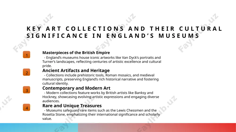 s between uk and uzbek institutions promote mutual understanding, enriching both nations' heritage preservation efforts. exploring the impact of global partnerships on england's artistic and historical exhibits 01 cultural exchange benefits global partnerships enable england's museums to exchange artworks, expertise, and research, enriching collections and fostering international cultural understanding. 02 collaborative exhibitions international collaborations often lead to joint exhibitions, offering diverse audiences access to worldwide treasures and promoting cross-cultural dialogue. 03 resource sharing partnerships facilitate shared resources like conservation techniques and digital archives, enhancing preservation and accessibility of valuable artifacts. 04 strengthening diplomatic ties cultural collaborations via museums build diplomatic relationships, encouraging mutual respect, tourism, and long-term international cultural ties. conclusions 1 england's museums: heritage and modernity - over centuries, england's museums evolved from royal collections into iconic cultural landmarks, integrating technology and diverse exhibits to engage global audiences. 2 art and artifacts: symbols of national pride - these institutions …