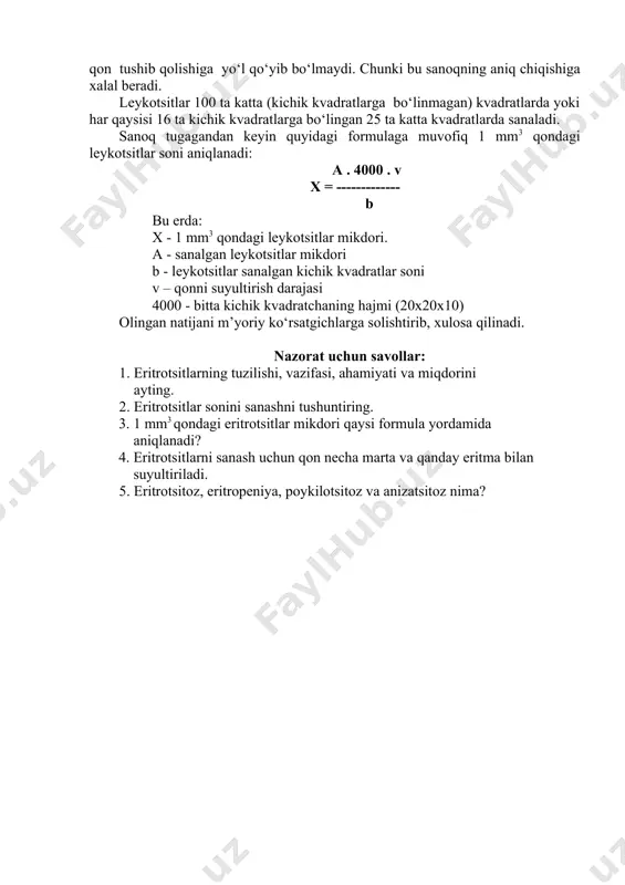 ori (ming hisobida): qoramol - 7,0 tuya - 16,0 qo‘y - 8,0 quyon - 8,0 echki - 12,0 it - 9,5 cho‘chqa - 12,0 tovuq - 30,0 ot - 9,0 o‘rdak - 25,0 oq qon tanachalari organizmda bo‘lib turadigan fiziologik jarayonlarning o‘zgarishiga juda sezgir hujayralardir. shuning uchun ham leyko-sitlarning soni organizmning turli holatlarida tez o‘zgarib turadi. organizmda leykotsitlar mikdorining ko‘payishiga leykotsitoz, kamayishiga esa leykopeniya deyiladi. leykotsitoz hodisasi organizmda turli fiziologik va patologik holatlar (kasalliklar) paytida kuzatiladi. masalan, yosh hayvonlarda, hayvon oziqlangandan keyin, jismoniy ishdan so‘ng va bo‘g‘ozlik davrida hayvonlar qonida leykotsitlar mikdori ko‘payadi. chunki bu paytlarda kuzatiladigan leykotsitoz vaqtinchalik hol bo‘lib, organizm uchun qonuniy meyoriy hodisalardir. bular, ya’ni yoshga oid, alimentar, miogen va bo‘g‘ozlik leykotsitoz-lari fiziologik leykotsitozlardir. biroq, bir qancha patologik jarayonlarda, xususan, yallig‘lanish bilan kechadigan kasalliklarda qonda leykotsitlar soni ko‘payib ketadi. bulardan tashqari leykotsitlar soni hayvonlarning yoshi, jinsi, organizmning holati, yilning fasli va boshqa omillarga qarab o‘zgarib turadi. shuning …