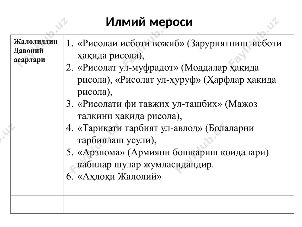 он ақлига тегишли, деб кўрсатади ва бунга вазирлик касбини киритади. иккинчиси таълим-тарбия натижасида вужудга келади, деб бунга астрономия, математика, тиб. геометрия фанлари билан шуғулланишни киритади. учинчисига кишиларнинг шижоати, жасурлиги билан боғлиқ касбларни, яъни душманга қарши кураш, чегарани қўриқлаш ва бошқаларни киритади. олим касби бўлмаган, бирор касб билан шуғулланмайдиган кишиларни қаттиқ танқид қилади. отасининг мол-мулкига ишониб касб-ҳунар эгалламйдиган ёшларни қоралайди. меҳнат қилиш, ҳунар эгаллашни тарғиб қилар экан, меҳнат инсон камолоти ва бахт-саодати манбаи, деб ҳисоблайди. юқоридагилардан кўриниб турибдики, давоний касб-ҳунар эгаллаш инсоний фазилатларнинг энг муҳими, деб талқин этади давонийнинг ақлий тарбия тўғрисида давоний инсоний фазилатлардан доноликни таҳлил этар экан, инсон ўзининг ақлий қобиляитини, истеъдодини тарбиялаш учун қуйидагиларга амал қилиш: биринчиси, зукколик — зеҳн ўткирлиги. бу кишининг ҳар бир масалани тезда ҳал қила олиш, унда ўзи истаган натижани ола билишида деб кўрсатади. бу малакани ҳосил қилиш учун кишида тажриба ва ҳаракатчанлик бўлиши талаб этилади; иккинчиси — фаҳмлилик. бунда кишининг кераксиз ва иккинчи …