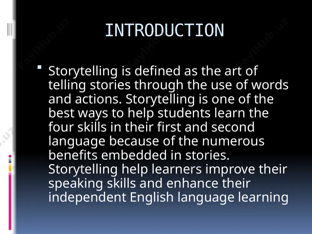 onal story writing. a narrative can be fiction or nonfiction and it can also occupy the space between these as a semi- autobiographical story, historical fiction or dramatized retelling of actual events. the importance of using stories to connect with your audience is that it lets you show the world in a different light, helps people visualize themselves within the story and gives purpose to change or action. stories are an excellent tool for communication because everyone loves a good story. storytelling brings language learnning alive and creates a participatory and immersive experience that allows young learners to enjoy hearing the language in a dynamic, sometimes entertaining way. participation using key vocabulary and phrases can create an awareness of rhythm and structure. storytelling is an authentic way for young people to express what they experience, observe or hear about their every day lives. young people are the foremost experts on …