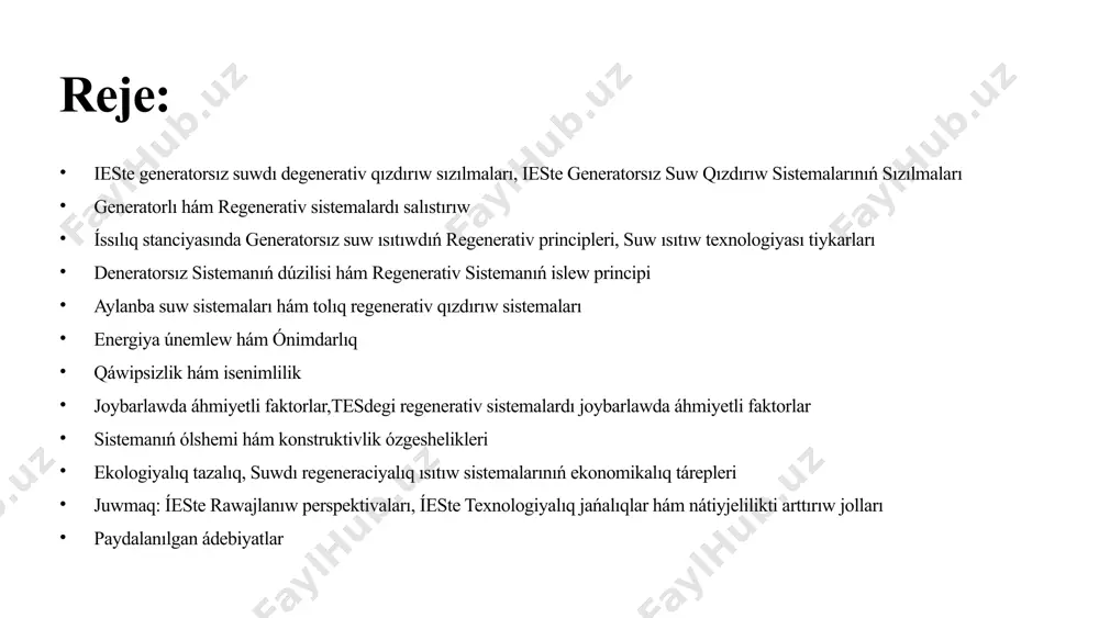 l ıssılıq jetkerip beriw sharayatların jaratıw áhmietli. generatorsız sistema deneratorsız sistema dástúriy puw deneratorınan paydalanbaydı, ornına shıǵındı ıssılıǵın tikkeley suwdı qızdırıw ushın isletedi. bul energiya únemlewge hám qárejetlerdi azaytıwǵa járdem beredi. sistemanıń dúzilisi belgili bir íestiń ózgesheliklerine baylanıslı bolıwı múmkin, biraq ádette ıssılıq almasıw hám suw aylanıw sistemasın óz ishine aladı. izolyaciyanı jaqsılaw hám avtomatlastırılǵan basqarıw sistemalarınan paydalanıw da nátiyjelilikti arttırıwǵa járdem beredi. 3 generatorlı hám regenerativ sistemalardı salıstırıw generatorlı sistemalar dástúriy puw generatorlarınan paydalanadı. energiya jumsalıwı joqarı bolip, bir saatta shama menen 1000 kvt energiya sarplanadı. baslanǵısh investiciyalar da joqarı. texnikalıq xızmet kórsetiw hám ońlaw qárejetleri de joqarı, sebebi quramalı mexanizmler bar. regenerativ sistemalar shıǵındı ıssılıqtı qayta paydalanadı. energiya únemlewge hám nátiyjelilikti arttırıwǵa járdem beredi. bir saatta shama menen 300 kvt energiya sarplanadı, bul bolsa generatorlı sistemalarǵa salıstırǵanda 70% energiya únemleniwin támiyinleydi. baslanǵısh investiciya generatorlı sistemalarga salıstırǵanda biraz joqarı, biraq uzaq múddette energiya únemlew sebepli tez ózin aqlaydı. texnikalıq …