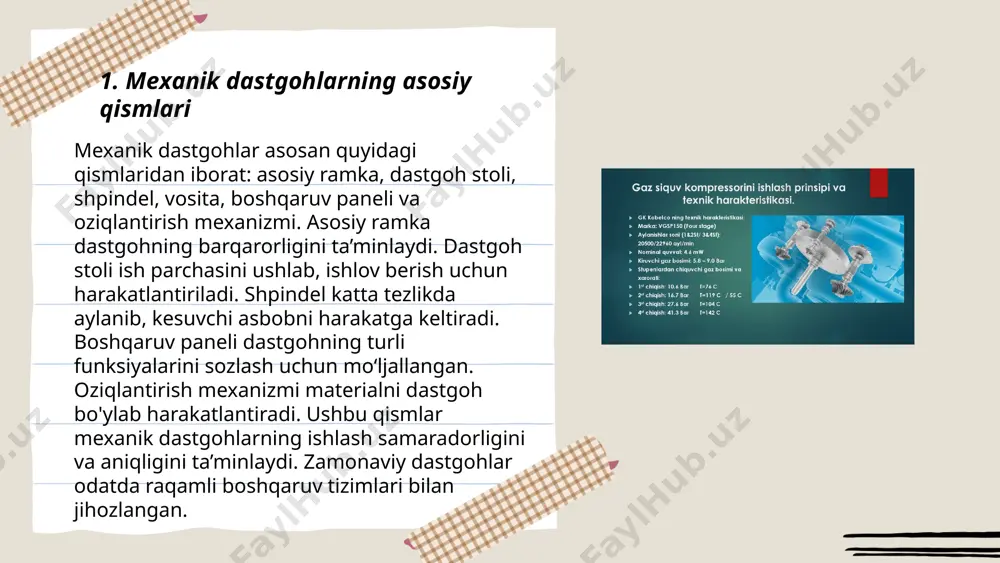 lar yordamida samaradorlikni oshiradi. oʻzbekistonda energiya ta’minoti tizimi katta o‘zgarishlar yuz bermoqda, yangi stansiyalar va uzatish liniyalari rivojlanmoqda. ... t.me/slaydai_bot harakatni boshqarish usullari quyidagilarni o'z ichiga oladi: 1) manual boshqarish, bu operatordan to'g'ridan-to'g'ri qatnashishni talab qiladi; 2) avtomatik boshqarish, unda asbob-uskunalar dasturiy ta'minot yoki apparat yordamida o'z-o'zini boshqaradi; 3) dispetcherlik boshqaruvi, bu tizimni markazlashgan nazorat qilishni ta'minlaydi; 4) adaptiv boshqarish, bu muhit sharoitlariga moslashadi va o'zgarishlarga qarab javob beradi; 5) masofaviy boshqarish, unda jarayonlar uzoqdan nazorat qilinadi; 6) matematika asosli modellashtirish va konstruktiv boshqarish usullari, bu tizimlarni aniqlik va samaradorlik bilan boshqarishga imkon beradi. har bir usulning o'ziga xos afzalliklari va cheklovlari mavjud bo'lib, ular muayyan vaziyatlarga mos tarzda qo'llaniladi. ... t.me/slaydai_bot 7. muhandislik materiallarining xossalari muhandislik materiallarining xossalari turli o'lchovlar va parametrlarga bog'liq. bu xossalarga zichlik, elastiklik moduli, chidamlilik chegara qiymatlari, issiqlik o'tkazuvchanlik, erish harorati kiradi. masalan, po'latning elastiklik moduli 200 gpa atrofida bo'lib, zichligi 7850 kg/m³. alyuminiyning zichligi …
