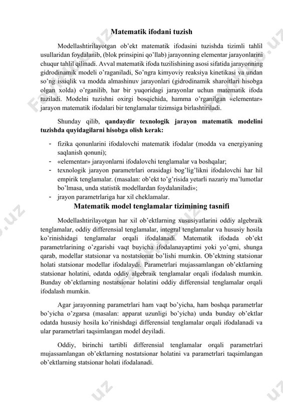 aqsimlangan model deyiladi. oddiy, birinchi tartibli differensial tenglamalar orqali parametrlari mujassamlangan ob’ektlarning nostatsionar holatini va parametrlari taqsimlangan ob’ektlarning statsionar holati ifodalanadi. ba’zi bir holatlarda ob’ektlarning differensial tenglamalar orqali ifodalangan matematik modellari yordamida o’rganish, hisoblash nuqtai nazaridan nihoyatda murakkab masala bo’lib, bunda ko’pincha ob’ektning uzluksiz, parametrlari taqsimlangan ko’rinishdagi differensial tenglama yordamida ifodalangan matematik modeli o’rniga, diskret, parametrlari mujassamlangan ammo, yacheykali struktura ko’rinishiga keltirib yechiladi. foydalaniladigan adabiyotlar: 1. m.n. muminova, m.a. maksumova «kasbiy etika va etiket», uslubiy qo’llanma, t.,2006. 2. i. a. karimov «istiqlol va ma’naviyat» t.,1994. 3. i. a. karimov «o’zbekiston buyuk kelajak sari» t.,1998. 4. n. e. muhammadiyev «kasb etikasi va estetik madaniyati»- toshkent,1998 y. 5. m. abdullayev, e. xakimov «vvedeniye v etiku»-namangan, 1998. 6. abdulla sher «axloqshunoslik» ma’ruzalar matni, toshkent, 2000 7. v.g. fedsov «kultura servisa» uchebno-prakticheskoye posobiye - m., «prior», 2001. 8. a.a. avloniy «turkiy guliston yohud ahloq», t. 1992. 9. y. y. petrunin, v.k. borisov «etika biznesa» …