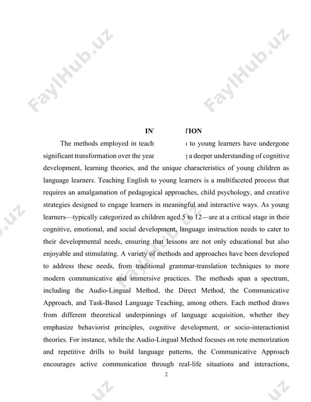 ve and immersive practices. the methods span a spectrum, including the audio-lingual method, the direct method, the communicative approach, and task-based language teaching, among others. each method draws from different theoretical underpinnings of language acquisition, whether they emphasize behaviorist principles, cognitive development, or socio-interactionist theories. for instance, while the audio-lingual method focuses on rote memorization and repetitive drills to build language patterns, the communicative approach encourages active communication through real-life situations and interactions, fostering an environment where language is learned through use rather than mere form. moreover, the increasing recognition of the importance of learner-centered approaches has led to the rise of more dynamic methodologies that prioritize the development of young learners' critical thinking, creativity, and autonomy in their language learning journey. these methods incorporate play, storytelling, songs, games, and multimedia tools to create an immersive learning environment. furthermore, as the role of technology in education continues to expand, digital …