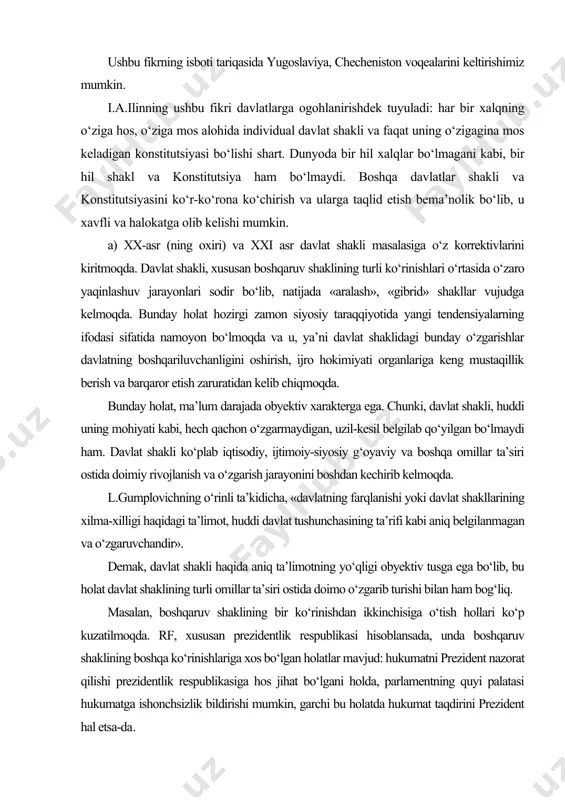 lik respublikasiga hos jihat bo‘lgani holda, parlamentning quyi palatasi hukumatga ishonchsizlik bildirishi mumkin, garchi bu holatda hukumat taqdirini prezident hal etsa-da. v) tuzilish shakli - davlatning tuzilish shaklida milliy aspekt katta ahamiyatga ega, ko‘p millatli davlat sharoitida har bir millatning xususiyatlarini e’tiborga olish zarur. ko‘p millatli davlatda davlat tuzilish shaklining maqbul ko‘rinishi bo‘lib, milliy davlat federatsiyasi hisoblanadi. siyosiy-huquqiy (atama, hodisa) hisoblangan «millatlarning o‘z taqdirini o‘zi belgilash» huquqi mazmunida ham o‘zgarish bo‘lmoqda, masalan, hozirgi kunda «inson huquqlarining millat, xalq huquqidan ustuvorligi» prinsipi yoyilmoqda. ayni paytda birontayam davlat konstitutsiyasida federatsiya tarkibidan chiqish huquqi mustahkamlanmagan. ko‘p millatli davlatlar davlat tuzilishida avtonomiya shaklini qo‘llaydilar. avtonomiyaning: · milliy-hududiy · milliy-madaniy · ko‘rinishlari mavjud. milliy-hududiy avtonomiya - o‘ziga xos milliy davlatlar shaklida bo‘lib, ular o‘z konstitutsiyasi, qonunchiligi, hukumati, oliy sud organi, fuqaroligiga ega bo‘lishgan. milliy-madaniy avtonomiya - bu alohida etnik guruhlarni maxsus maqomi tushunilib, u ko‘p millatli davlatda uchraydigan ziddiyatlarni hal etishning huquqiy shakli hisoblanadi. milliy-madaniy …