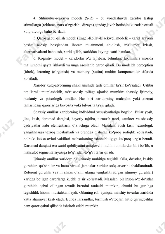 (ya’ni shaxs o‘zini ularga tenglashtiradigan ijtimoiy guruhlar) xaridga bo‘lgan qarorlarga kuchli ta’sir ko‘rsatadi. masalan, bir inson o‘z do‘stlar guruhida qabul qilingan texnik brendni tanlashi mumkin, chunki bu guruhga tegishlilik hissini mustahkamlaydi. oilaning roli ayniqsa maishiy tovarlar xaridida katta ahamiyat kasb etadi. bunda farzandlar, turmush o‘rtoqlar, hatto qarindoshlar ham qaror qabul qilishda ishtirok etishi mumkin. madaniy omillar kengroq kontekstdagi ijtimoiy qadriyatlar va an’analar bilan bog‘liq. har bir jamiyatning o‘ziga xos qadriyatlar tizimi mavjud bo‘lib, u shaxsning ehtiyojlarini, afzalliklarini va hayot tarzini belgilaydi. madaniyat – bu xaridorning nima istashini emas, balki qanday istashini aniqlovchi asosiy kuchdir. misol uchun, sharqiy jamiyatlarda brend tanlashda jamoaviylik qadriyatlari ustun bo‘lsa, g‘arbiy madaniyatlarda shaxsiy individuallik muhim o‘rin tutadi. submadaniyatlar (etnik guruhlar, diniy qatlamlar, kasbiy qatlamlar) esa mahsulot dizayni, marketing strategiyasi va xabar yetkazish uslubiga ta’sir qilishi mumkin. psixologik omillar esa xaridorning ichki dunyosiga oid bo‘lib, bu omillar motivatsiya, idrok, o‘rganish, xotira va shaxsiy munosabatlarni o‘z ichiga oladi. …
