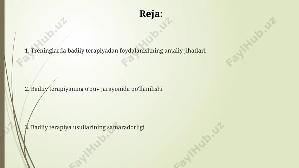 jodiy vositalardan foydalanadigan psixoterapiya usuli boʻlib, 30 dan ortiq turdagi san’at shakllarini oʻz ichiga oladi. samarali badiiy terapiya seanslari davomida kamida 2 ta turli san’at uslublaridan foydalaniladi va bemorlarning emotsional holatini baholash uchun 3 ta asosiy koʻrsatkichdan foydalaniladi. xavfsizlik va chegara belgilash shaxsiy chegaralarni aniqlash va himoya qilish bo‘yicha mashqlar (masalan, "mening chegaram" texnikasi) ishtirokchilarning o‘z-o‘zini anglash va emotsional mustaqilligini oshirishga yordam beradi. guruhdagi 8-10 kishidan iborat kichik guruhlarda o‘tkaziladigan mashg‘ulotlar ishtonrokchilarga o'z his-tuyg'ularini ifoda etish va boshqalar bilan chegaralarni belgilashni o'rganishga yordam beradi. badiiy terapiyada ishtirokchilarga xavfsizlik muhitini yaratish uchun 3 dan 5 gacha asosiy qoidalar belgilash, ularning chegaralarini hurmat qilish va o‘zaro ishonchni rivojlantirishga yordam beradi. treninglarda badiiy terapiyaning qo'llanilishi badiiy terapiya vositalari, masalan, kollaj yoki rasm chizish orqali, trening ishtirokchilari o'zlarining ichki dunyosini o'rganish va muloqot qilish qobiliyatlarini 2 barobar oshirish imkoniyatiga ega bo'ladilar. treninglarda badiiy terapiya, ishtirokchilarning 70% gacha hissiy intellektini rivojlantirishga va stress darajasini 30% …