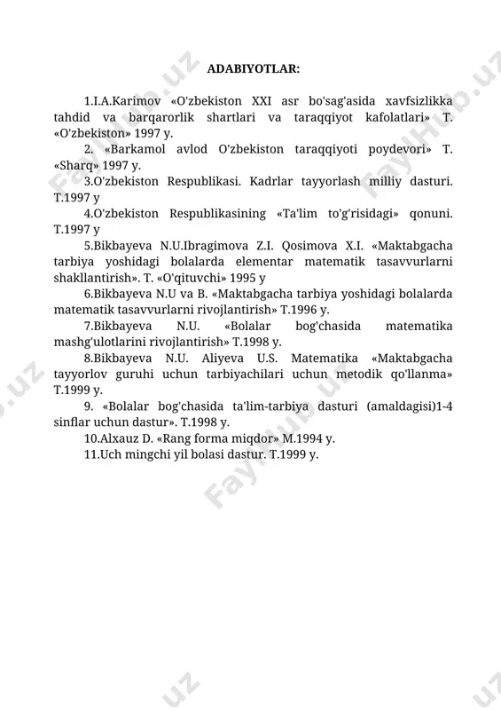 t etaplari: 1.mashg'ulotni o'tkazilishi bo'yicha bog'cha bolalariga yo'llanma berish. 2.bog'cha bolalarini mustaqil ishlarini tashkil etish. 3.mashg'ulotni yakunlash. metodikaning matematika mashg'ulotiga qo'yilgan asosiy talablarini sanab o'tamiz. bu talablar mashg'ulotni konspektini to'g'ri tuzishga va tahlil qilishga yordam beradi. 1.mashg'ulot mavzusini to'g'ri yozish. 2.mashg'ulotning maqsadini aniqlash: ta'limiy, tarbiyaviy, rivojlantiruvchi, ma'naviy-ma'rifiy, kasbiy. 3.mashg'ulotni tuzilishini va har bir etapi uchun aniq vazifani aniqlash. 4.ta'limiy maqsadni amalga oshirish maqsadida o'quv materiallari tanlash. 5.bolalar bilan ishlash metod va usullarini aniqlash. 6.bolalar faoliyatiga rahbarlik qilish usullarini taniqlash. 7.o'rgatish vositalarini tanlash (kartochkalar, chizmalar, shakllar, har xil narsalar maketlari, sabzavot rasmlari va h.z) 8.o'rganilgan tushunchalarni bolalar qanday o'zlashtirganliklari tekshirish forma va mazmunini aniqlash. 9.berilgan topshiriqlarni bajarish uchun yo'llanma berish. ko'rgazmani funksiyalari matematika o'qitishda ko'rgazmaning asosiy alomatlari haqida v.g.boltanskiy o'z asarlarida aytib o'tgan. ta'limda ko'rsatmalilik-didaktika prinsiplardan biri hisoblanadi. matematika o'qitishda ko'rgazmaning qo'llanishi, matematikaning nazariy bilish va metodalogik asoslarining ildizi hisoblanadi. bilishni shartli ravishda 3 etapga bo'lish mumkin: his qilish, tasavvur qilish …