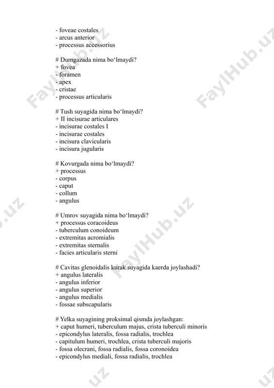 elka suyagining proksimal qismda joylashgan: + collum anatomicum, collum chirurgicum - fossa olecrani, collum anatomicum - capitulum humeri, trochlea, crista tuberculi majoris - fossa olecrani, fossa radialis, fossa coronoidea - epicondylus mediali, fossa radialis, trochlea # yelka suyagining proksimal qismda joylashgan: + tuberculum minus, crista tuberculi majoris - capitulum humeri, trochlea, crista tuberculi majoris - fossa olecrani, fossa radialis, fossa coronoidea - epicondylus mediali, fossa radialis, trochlea - capitulum humeri, fossa radialis, crista tuberculi majoris # yelka suyagining distal qismda joylashgan: + trochlea, capitulum humeri - capitulum humeri, trochlea, crista tuberculi majoris - fossa olecrani, crista tuberculi majoris, fossa coronoidea - epicondylus mediali, caput humeri, trochlea - capitulum humeri, fossa radialis, crista tuberculi majoris # yelka suyagining distal qismda joylashgan: + fossa coronoidea, fossa olecrani - sulcus intertubercularis, fossa radialis - collum chirurgicum, capitulum humeri - collum anatomicum, trochlea humeri - caput humeri, fossa radialis #yelka suyagining distal qismda joylashgan: …