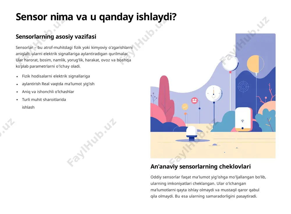 lik zamonaviy smart sensorlar o'ta yuqori aniqlik bilan ishlaydi. ular eng kichik o'zgarishlarni ham aniqlay oladi va xatolik darajasi minimal darajada saqlanadi. bu xususiyat tibbiyot va sanoatda juda muhimdir. o'z-o'zini diagnostika smart sensorlar o'zlarining holati va ishlash samaradorligini doimiy nazorat qilib turadi. nosozlik yuz berganda, ular avtomatik ravishda xabar beradi va o'z-o'zini kalibrlash imkoniyatiga ega. simsiz aloqa wi-fi, bluetooth, zigbee, lora kabi zamonaviy simsiz aloqa protokollari bilan integratsiya qilingan. bu ularni masofadan boshqarish va monitoring qilish imkonini beradi. bu xususiyatlar smart sensorlarni an'anaviy sensorlardan ajratib turuvchi asosiy omillardir. ular nafaqat ma'lumot yig'adi, balki uni qayta ishlab, tahlil qilib, kerakli natijalarni beradi. smart sensorlarning sanoat va kundalik hayotdagi qo'llanilishi aqlli uylar sanoat 4.0 aqlli uy tizimlari smart sensorlar yordamida uy ichidagi harorat, namlik, yorug'likni avtomatik boshqaradi. harakat sensorlari xavfsizlikni ta'minlaydi, havo sifati sensorlari ventilyatsiyani nazorat qiladi. avtomatik harorat nazorati energiya tejash tizimi xavfsizlik monitoring havo sifati nazorati zamonaviy sanoatda smart sensorlar …
