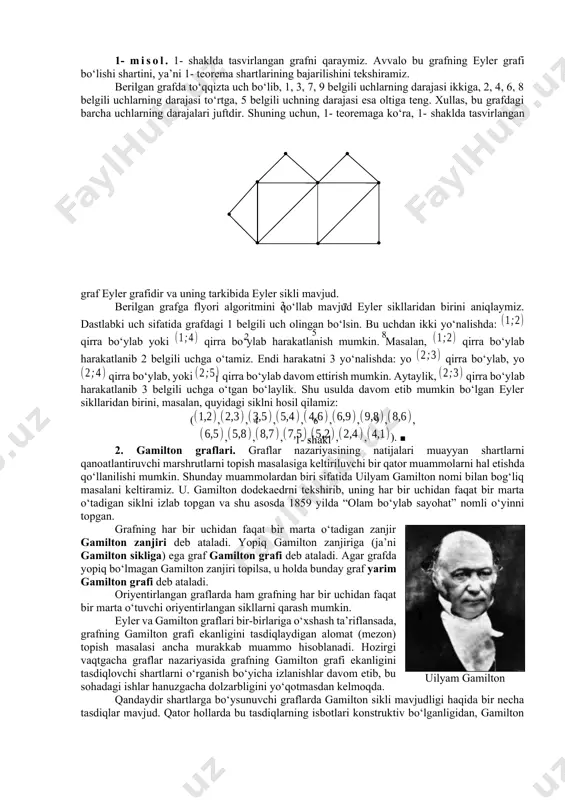 a yuqorida bayon etilgan jarayonni takrorlaymiz. berilgan grafdagi qirralar soni chekli bo‘lganligidan, bu jarayon chekli jarayondir. bu jarayonni yetarlicha takrorlagandan so‘ng, albatta, u eyler siklini qurish bilan yakunlanadi. ■ 1- natija. bog‘lamli graf yarim eyler grafi bo‘lishi uchun undagi ikkitadan ko‘p bo‘lmagan uchlarning darajalari toq bo‘lishi zarur va yetarlidir. isboti 1- teoremaning isbotidan ba’zi o‘zgartirishlar natijasida hosil qilinishi mumkin. ■ 1- teorema asosida kyonigsberg ko‘priklari haqidagi masalaning (ushbu bobning 1- paragrafiga qarang) yechimi mavjud emas degan xulosaga kelamiz, ya’ni kyonigsberg shahrining ixtiyoriy qismida joylashgan uydan chiqib pregel daryosi ustiga qurilgan yettita ko‘priklardan faqat bir martadan o‘tgan holda, yana o‘sha uyga qaytib kelish mumkin emas. oriyentirlangan graflarda oriyentirlangan eyler yo‘lini izlash bilan shug‘ullanish mumkin. har bir yoydan faqat bir marta o‘tadigan yo‘l oriyentirlangan eyler yo‘li deb ataladi. tarkibida oriyentirlangan eyler yo‘li bor bo‘lgan oriyentirlangan graf oriyentirlangan eyler grafi deb ataladi. endi qirralari soni ga teng bo‘lgan berilgan eyler grafida eyler zanjirini …