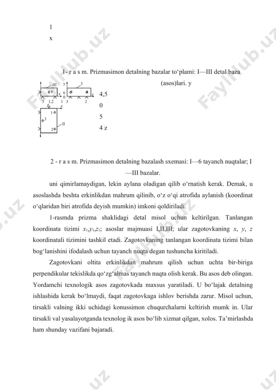 kin y o‘qning bir tomoni bo‘yicha to‘g‘ri va x, z o‘qlari bo‘yicha aylanma harakatini cheklaydi. yo‘naltiruvchi asos ii zagotovkaning ikki xil erkin: x o‘q ning bir tomoni bo‘yicha to‘g‘ri va y o‘qi atrofidagi aylanma harakatini cheklaydi. tayanch asos iii zagotovkani bir xil erkin — z o‘qining bir tomoniga to‘g‘ri yoki uning atrofida aylanma harakatini cheklaydi. ikkita yo‘naltiruvchi asos (3-rasm) zagotovkaning to‘rt xil erkin: x va y o‘qlari bo‘ylab to‘g‘ri va aylanma harakatlarni cheklaydi. ikkita 3 - r a s m. silindr detalni asoslash sxemasi: i—6 tayanch nuqtalar; i¢—6¢ tayanch nuqtalar proeksiyasi; i-iii asos (baza)lar. 4 - r a s m. lappakni asoslash sxemasi: i-6 tayanch nuqtalar; i-iii asos (baza)lar. tayanch asos ikki xil erkin: x va y o‘qlari bo‘ylab to‘g‘ri harakatni cheklaydi (4-rasm). asoslashda yaqqol va yashirin asoslar bo‘ladi. yaqqol asoslarga muayyan yuzal arga, zagotovkaga qo‘yilgan belgilar yoki belgilarning kesishgan joylari kiradi. yashirinlariga zagotovkada bor deb tasavvur qilinadigan tekislik, o‘q …