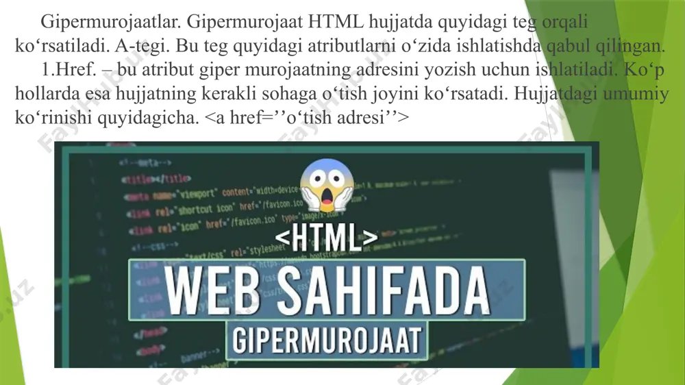 eʼtibor berish kerak boʻlgan soʻzlar va turli iboralarni asosiy matndan ajratib koʻrsatish uchun ishlatiladi blok-darajali elementlar. blok-darajadagi element — bu vebsahifada yangi satrni boshlaydigan va uning yuqori elementining mavjud gorizontal kengligining kengligini kengaytiruvchi html element. paragraf yoki sahifa boʻlinmalari kabi katta bloklar hosil qiladi. aslida, koʻpchilik html elementlari blok darajadagi elementlardir. blok-darajadagi elementlar html hujjat tanasining ichida ishlatiladi. ular satr elementlari va boshqa blok-daraja elementlarni oʻz ichiga olishi mumkin. inline elements. blok-darajali elementlardan farqli oʻlaroq, inline element quyidagilarni bajarishi mumkin: — bir qatorda boshlaydi; — yangi qatorni boshlamaydi; — uning kengligi faqat teglar bilan belgilanadigan darajada kengayadi. inline elementning namunasi teg, yaʼni matn tarkibining shriftini qora rangda joylashtiradi. bir satr ichidagi element odatda faqat boshqa satr ichidagi elementlarni oʻz ichiga oladi yoki tanaffus yorligʻi kabi hech narsaga ega boʻlmaydi. htmlda elementning uchinchi turi ham bor: ular hech qachon koʻrsatilmaydi. ushbu elementlar sahifa haqida maʼlumot beradi, lekin veb-brauzerida koʻrsatilmaydi. image1.jpg image2.jpg …