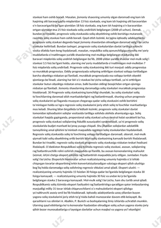 liq munosabatlarida soliq subyekti sifatida ishtirok etadi. soliq bazasi — soliq obyektining soliq stavkasi qo‘llaniladigan miqdori. hisoblanadigan soliq miqdori nafaqat soliq stavkalarining miqdoriga, shu bilan birgalikda soliq stavkasi qo‘llaniladigan obyektning miqdoriga ham bog‘liq. soliq bazasining miqdori qonunchilikda soliqqa tortilishi lozim bo‘lgan soliq obyektidan ruxsat etiladigan chegirmalarga bog‘liq ravishda o‘zgarib turishi mumkin. soliq bazasini soliq to‘lovchilarning mazkur toifasiga taqdim etiladigan soliq imtiyozlariga muvofiq ravishda kamaytirishga ruxsat etiladi. shu o‘rinda ta’kidlash joizki, soliq bazasi soliq obyektidan katta yoki kichik bo‘lishi mumkin. masalan, soliq to‘lovchiga soliqdan imtiyozlar ko‘zda tutilgan bo‘lsa, bunday sharoitda soliq bazasi soliq obyektidan 25 kichik, soliq obyekti qonunchilik bilan kengaytiriladigan bo‘lsa undan katta bo‘lishi mumkin. soliqqa tortish birligi — bu obyektning o‘lchov birligi. masalan, daromad yoki mol-mulk solig‘ida obyektning o‘lchov birligi bo‘lib uning so‘mdagi bahosi ifodalansa, yer solig‘ida o‘lchov birligi bo‘lib kv. m yoki gektar hisoblanadi. soliq stavkasi — obyektning har bir birligi uchun davlat tomonidan belgilab qo‘yilgan me’yordir. soliq …