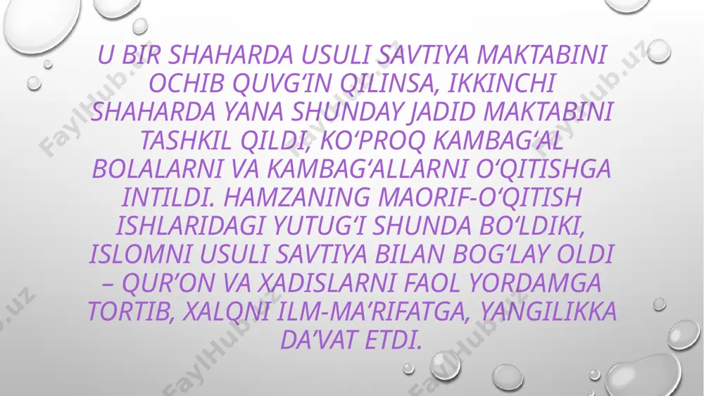 di anʼanalarining salmogʻi katta. hamza oz davrida teatrlarda ishladi drammalar truppalar tuzdi. u toʻgʻri soʻzligi, haqiqatgoʻyligi va murosasizliga tufayli biror yerda muqim ishlay olmadi. buxoroda, toshkentda, fargʻona, xoʻjaylida, avval qishlogʻida – yurt boʻylab koʻchib yurdi. 1929 yili 18 martda shohimardonda fojiali oʻlim uni hayotdan olib ketdi. мeвалар можаросиўрукўрук ўрнидан туруб,рангини сарғайтуруб,келди тутни бошига,шовқун солуб тик туруб.деди: „эй тут, талтайиб,дема ҳар сўз ялпайиб,бошгинангга бир урай,ерда қолгин шалпайиб.сени кўп еган кишибадан қашимоқ иши,ортуқчадур устигаюракбуруқ ташвиши.оре ман сандан кейин,сандан юз ҳисса ширин,айтуб адо қилайин,қайси ҳуснимни бирин.ўзум минг дардга даво,қурутса андан бажо,ҳатто мағзимни олуб,солгай қандолат аро.мухтасар айлай сўзум,мева ичра бир ўзум,боғ ичини ёмтар,оппоқ, ойдиндак юзум“ гилосгилос ҳаддан ошиқуб,хафаликдан тошиқуб,келди ўрук бошига,мушт кўтаруб шошиқуб:„эй ўрук, сан сўзлама,махтанмоқни кўзлама!ёнбошингга бир тепай,боғга ҳаргиз юзлама.ғўранг қурсун, кеч битар,еган киши ич кетар.пишганинг шалпайтируб,қуруғингдан бод етар.билурсан, отим гилос,суяр мани ом-у хос.мани кўрган кишиларўзга мева хоҳламас.шириндурман асалдан,дорудурман азалдан.бисмилло деб еганниқутқазам минг касалдан.калтароқ қилай сўзум,махтасам арзир ўзум.боғга кирган кўзигаёқутдек ёнар юзум“. hamzaning …