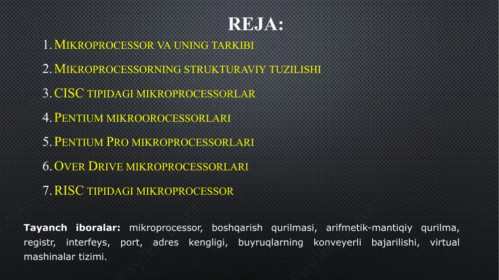 ’zi razryadliligiga egadir. registrlar turli uzunlikdagi tez harakat qiluvchi xotira yacheykalaridir: registr 1 (rg 1) ikkilangan so’z razryadliligiga, registr 2 (rg 2) esa so’z razryadliligiga egadir. boshqarish sxemasi ko’rsatmalarning kodli shinasi bo’yicha boshqarish signallarini boshqarish qurilmasidan qabul qiladi va ularni registrlarning va amq qo’shuvchisining ishlashini boshqarish uchun signallarga o’zgartiradi. amq arifmetik amallarini faqat oxirgi razryaddan keyin qayd qilingan vergulli ikkilik ma’lumot ustida, ya’ni faqat butun ikkilik sonlar bilan bajaradi. ko’chib yuradigan vergulli ikkilik sonlar va ikkilik-kodlangan o’nlik sonlar ustida amallarni bajarish yo matematik soprocessorni jalb etib, yoki maxsus tuzilgan dasturlar bo’yicha amalga oshiriladi. mikroprocessorli xotira (mpx) - mashina ishlashining eng yaqin taktlaridagi hisoblashlarda bevosita ishlatiladigan axborotni qisqa vaqt saqlash, yozish va uzatish uchun mo’ljallangan; mpx registrlar asosida quriladi va mashinaning yuqori tezkorligini ta’minlash uchun ishlatiladi, negaki asosiy xotira (ax) tez ishlovchi mikroprocessorning samarali ishlashi uchun kerak bo’lgan ma’lumotni yozish, qidirish va o’qish tezligini har doim ham ta’minlayvermaydi. registrlar - turli …