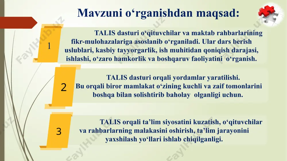 tlash. o‘qituvchilarning doimiy malaka kurslari, seminarlar orqali kasbiy kasallikni davolash. o‘qituvchilar o‘z faoliyatida yangi pedagogik treninglar bu orqali ta’lim sifatini yaxshilash. maktab boshqaruvini nazorat qilish. maktab rahbarlarining kasbiy rivojlanishiga alohida e’tibor qaratish. ular uchun liderlik va boshqaruv malakalarini rivojlantirish va hozirgi kunda amalda qo‘llanilayotgan menejerlik kurslarini yanada rivojlantirish. treninglar va seminarlar qilish. bu takliflar talis tadqiqotining yo‘nalishlariga to‘g‘ri keladigan va ta’lim samaradorligini oshirishga xizmat qiladi. har bir taklifning amalga oshirish o‘qituvchilarning malakasini oshirish, ta’lim sifatini yaxshilash va ta’lim texnologiyalarini yangilashga yordam beradi. chora- tadbirlar t/r muammo amalga oshirish mexanizimi ma’sullar muddat natija 1 maktabda internet tezligini pastligi yangi texnalogiyalarni joriy qilish, provayder bilan shartnoma axborot texnologiyalar bo‘imi 2025-yil may internet tezligini oshadi, ish samaradorligi ortadi 2 zamonaviy texnologiyalar, innovatsion dars uslublari va o‘ziga xos texnologiyalarni o‘zlashtirishda malakali kadrlarning yetishmasligi o‘quv kurslarini tashkil etish, seminar va treninglar tashkil etish. maktab direktori o‘quv yili davomida 3 maktabda talis dasturi bo‘yicha resurslarning kamligi …