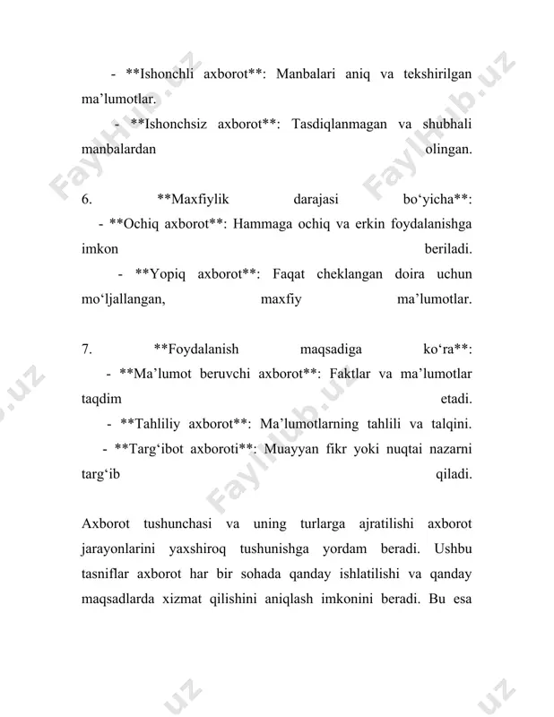 yo bo'ylab facebook, twitter, va instagram ijtimoiy tarmoqlari ishonch jihatidan turli baholanishga ega. 3. **kitob va ilmiy adabiyotlar**: akademik va ilmiy izlanishlar uchun ishonchli axborot manbalaridan hisoblanadi. o'zbekiston milliy kutubxonasi va viloyat kutubxona tarmoqlari har yili millionlab kitobxonlarga xizmat ko'rsatadi. kitoblarning ishonchlilik darajasi muallifning tajribasiga va nashriyot nufuziga bog'liq. 4. **hukumat hisobotlari va statistik ma'lumotlar**: hukumat agentliklari va statistika qo'mitalari tomonidan chiqariladigan hisobotlar ishonchli ma'lumot manbalaridir. o'zbekiston respublikasi davlat statistika qo'mitasi va boshqa davlat idoralari muntazam ravishda iqtisodiy, ijtimoiy va demografik ma'lumotlarni taqdim etadi. 5. **o'quv va ilmiy tadqiqot muassasalari**: universitetlar va tadqiqot institutlari orqali olinadigan ma'lumotlar ham ishonchli hisoblanadi. o'zbekiston milliy universiteti va toshkent davlat iqtisodiyot universiteti ilmiy tadqiqotlari va nashrlari sifatli va ishonchli axborot beradi. 6. **jamoatchilik so'rovlari va tadqiqot firmalari**: marketing va sotsiologik tadqiqotlar olib boruvchi kompaniyalar va tashkilotlar (masalan, ijtimoiy fikr markazi) tomonidan ishlab chiqilgan hisobotlar ko'pincha dalil va raqamlarga asoslanadi. ushbu tashkilotlar tomonidan o'tkazilgan jamoatchilik …