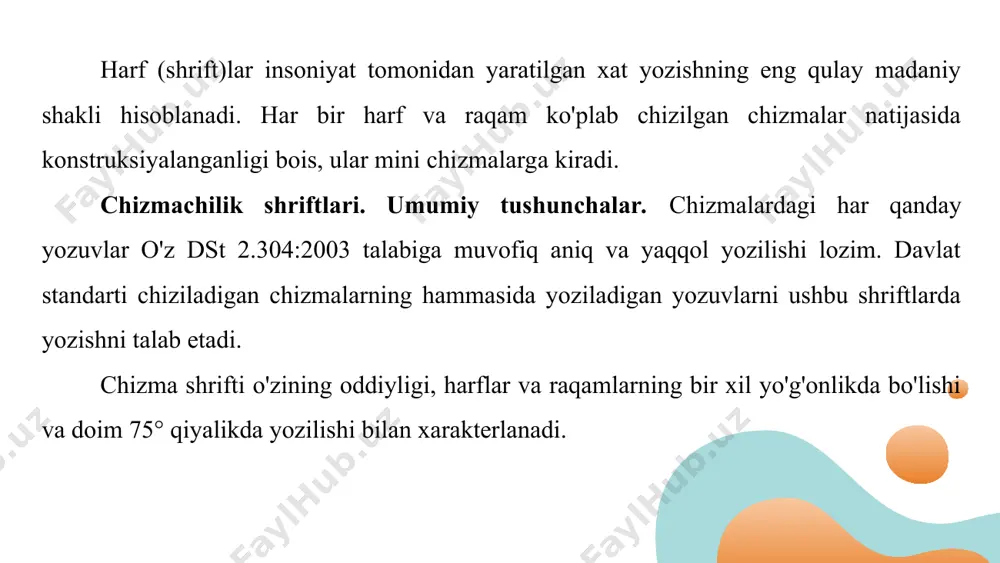bo'lib, yozma harflar balandligi, asosan, bosh harflar balandligi (h) ning 5/7 qismini tashkil etadi. masalan, 10 o'lchamli shrift yozmasining ba­landligi 7 mm bo'ladi. yozma harflarning chiziqlari yo'g'onligi 1/10 h olinadi. 10 o'lchamli shriftdagi yozma harf chizig'ining yo'g'onligi 0,7 mm ga teng bo'ladi. yozma harflar bilan yozilganda bosh harflar ham yozma harflar chi­ziqlari yo'g'onligida yoziladi. kundalik hayotimizda va turli idora hamda tashkilotlarda rasmiy alifbo harf-larida yozuvlar olib boriladi. chizmalarda faqat standart shriftlardan foydalaniladi. 5.1-chizmada lotin shriftiga asoslangan chizma yozuvlari, arab va rim raqamlarining tuzilishi va yozilishi ko'rsatilgan. raqamlarning balandligi va eni (1 dan boshqalari) bosh harflarning balandligi va eniga teng bo'ladi. 1 raqamining chizig'i uning yozilish chizig'iga, eni 3d ga teng qilib yoziladi. chizma yozuvlarini bajarish uchun amaliy ko'rsatmalar. chizma shrift-larini yozish yordamchi to'rlar chizishdan boshlanadi. shrift qiyaligini chizish uchun transportir yoki 30° va 45° burchakli ikkita uchburchaklik yordamida satr asosiga 75° burchaklar o'tkaziladi. lotin va kirill alifbosi shriftlarining to'rlardan foydalanib …