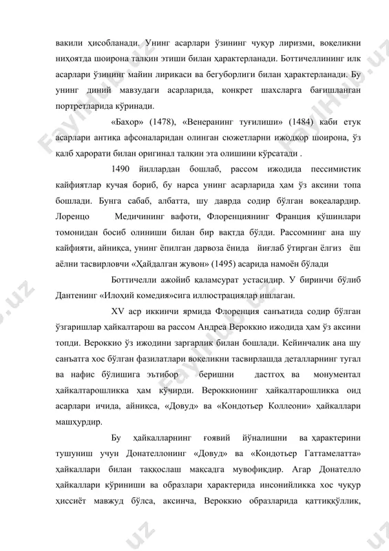 и. xv аср иккинчи ярмида венецияда ҳам уйғониш санъати тамойиллари ривожлана бошлади. унинг йирик вакиллари жованни беллини (1430-1516), витторе карпаччо(тах. 1456-1526) ижоди эса, италия илк уйғониш даврининг юқори уйғониш даврига ўтиш чегарасини белгилади. византия, ғарбий европа давлатлари билан яқин алоқада бўлган бой савдогарлар республикаси венеция санъаткорлари шарқнинг бой, сержило ва ёрқин санъати ва готика анъаналарини ўзлаштирган холда ўзига хос жозибадор санъат мактабини яратишга муяссар бўлдилар. шу ерда мойбўёқ. техникаси ривожланди, венециянинг юқори уйғониш даври санъати ўз тамойилларини шакллантирди, кейинги венециянинг буюк колористлари учун замин яратди. венеция квартрочентоси тамойиллари пизанелло ва жентиле да фабриона ижодида кўрина бошлаган бўлса, витторе карпаччо ижодида ўзининг тўлиқ ифодасини топди. унинг мойбўёқда ишлаган диний мавзудаги асарларида рассом замондошлари, уларни ўраб олган муҳит, табиат, меъморлик кўринишлари акс эттирилди. венеция каналларида сузиб бораётган гандолалар, балкондан ташқарини томоша қилиб ўтирган аёллар тасвири- буларнинг ҳаммасида рассом замонасининг руҳи ўз ифодасини топган. сўзсиз, венеция кватрочентоси ривожланишида беллинилар оиласи -якопо беллини ҳамда …