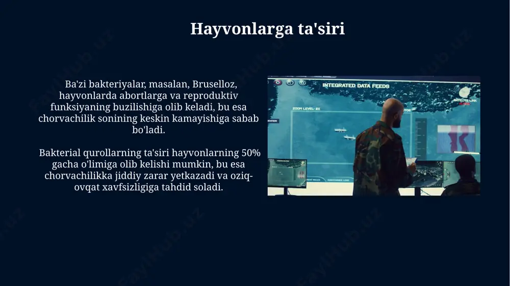 ezkor diagnostika usullari va 100% samaradorlikka ega davolovchi vositalarni yaratish va qo'llash muhim ahamiyatga ega. bioterrorizm tahdidi dunyo bo'ylab 200 dan ortiq bioagentlarni, shu jumladan, o'ta xavfli viruslar va bakteriyalarni qo'llash xavfini o'z ichiga oladi, bu esa millionlab odamlarning hayotiga tahdid soladi. kelajakdagi tahlikalar va tadqiqotlar kelajakdagi bioterrorizm tahlikalari orasida genetik jihatdan modifikatsiyalangan patogenlarning 30% dan ortiq ko'payishi va ularning yuqori virulentlik darajasi muhim o'rin tutadi. bakteriofaglarga asoslangan yangi davolash usullarini tadqiq qilish, shuningdek, 50 dan ortiq yangi turdagi bakteriyalarni aniqlash va ularning potentsial xavfini baholash dolzarb masala hisoblanadi. bakteriologik qurollarning ta'siri bakteriologik qurollarning ta'siri atrof-muhitga ham salbiy ta'sir ko'rsatadi, dekontaminatsiya jarayoni murakkab va uzoq vaqt talab qiladi, milliardlab dollar iqtisodiy zarar keltiradi. yuqumli kasalliklarning tarqalishi shamol, suv yoki oziq-ovqat orqali yuz berishi mumkin, inkubatsiya davri 2 kundan 2 haftagacha davom etadi va epidemiyalarni keltirib chiqarishi mumkin. infektsion kasalliklarning tarqalish mexanizmlari suv manbalarining ifloslanishi orqali tarqalish mexanizmi, 10³ dan ortiq …