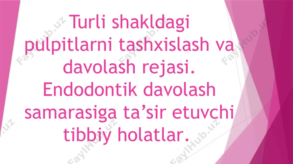 zatsiya qilingan. 2. eod 20-25 mka. 3. bemorning yosh yoshi 30 yoshgacha. 4. amaliy sog'lom bemor (surunkali umumiy kasalliklarning yo'qligi, tananing yaxshi umumiy qarshiligi). 5. tishni to'ldirishda aseptik sharoit yaratish imkoniyati mavjudlugi (tupurikdan ajratish va boshqalar). davolash usullari: o'tkir seroz-yiringli pulpit - davolash bir necha qatnovda amalga oshiriladi. asosiy vazifa o'tkir yallig'lanishni yengillashtirishdir, buning uchun v.i.lukyanenkoning usuli bo'yicha ikki bosqichli anesteziyadan so'ng barcha nekrotik dentinlarni olib tashlash bilan karioz bo'shlig'ini sinchkovlik bilan ishlov berish amalga oshiriladi. keyin 36°c ga qadar isitiladigan zaif antiseptiklar bilan (furatsillin, 1: 5000, 1% xloramin eritmasidagi rivonol va boshqalar) medikamentoz ishlov beriladi va keng spektrli antibiotiklardan iborat, glyukokortikoiddan iborat dori bo'shliqning pastki qismiga qo'llaniladi. bo'shliq vaqtincha plomba ashyosi bilan 2-4 kunga yopiladi. keyin, preparat 36°c ga qadar qizdirilgan zaif antiseptiklar bilan ishlov beriladi(furatsillin, 1: 5000, 1% xloramin eritmasida rivonol va boshqalar). keng spektrli antibiotiklar, glyukokortikoid, antiseptik, anestetiklar tarkibli dori vositasi pulpa ochilgan shoxidagi bo'shliqning pastki qismiga …