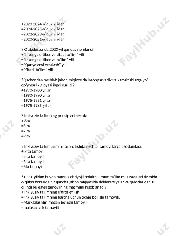 =sinf o`qituvchisiga maslahat va yordam berish, maxsus metodik qo`llanma va materiallar bilan ta`minlash, ota-onalar ko`magiga tayanish ?”nogiron shaxslar huquqlari” to`g`risidagi deklarasiya nechanchi yilda qabul qilingan: +1975-yil =1976-yil =1980-yil =1985-yil ?”bola huquqlari to`g`risidagi” konvensiya nechanchi yilda qabul qilingan: +1989-yil =1982-yil =1975-yil =1965-yil ?”inson huquqlari umumjahon deklaratsiyasi” qachon qabul qilingan: +1948-yil =1975-yil =1989-yil =1965-yil ?”aqli zaif shaxslar huquqlari? to`g`risidagi deklaratsiya qachon qabul qilingan: +1971-yil =1975-yil =1989-yil =1948-yil ?nogironlarning ta`lim olish huquqlarini ta`minlovchi salamanka bayonoti va ish faoliyati rejasi nechanchi yil qabul qilindi: +1994-yil =1975-yil =1948-yil =1989-yil ?”ta`lim hamma uchun” dakar deklaratsiyasining milliy harakat dasturi qachon qabul qilindi: +2003-yil =2004-yil =2005-yil =2001-yil ?o`zbekiston respublikasi “nogironlar huquqini ijtimoiy himoyalash to`g`risida”gi qonun qachon qabul qilindi: +1991-yil =1994-yil =1989-yil =2000-yil ?2003-yil qanday muhim hujjat tasdiqlandi: +”ta`lim hamma uchun” dakar milliy dasturi =“nogironlar huquqini ijtimoiy himoyalash to`g`risida”gi qonuni =nogironlarning ta`lim olish huquqlarini ta`minlovchi salamanka bayonoti va ish faoliyati rejasi =”inson huquqlari umumjahon deklaratsiyasi” ?1948-yil qanday muhim hujjat …